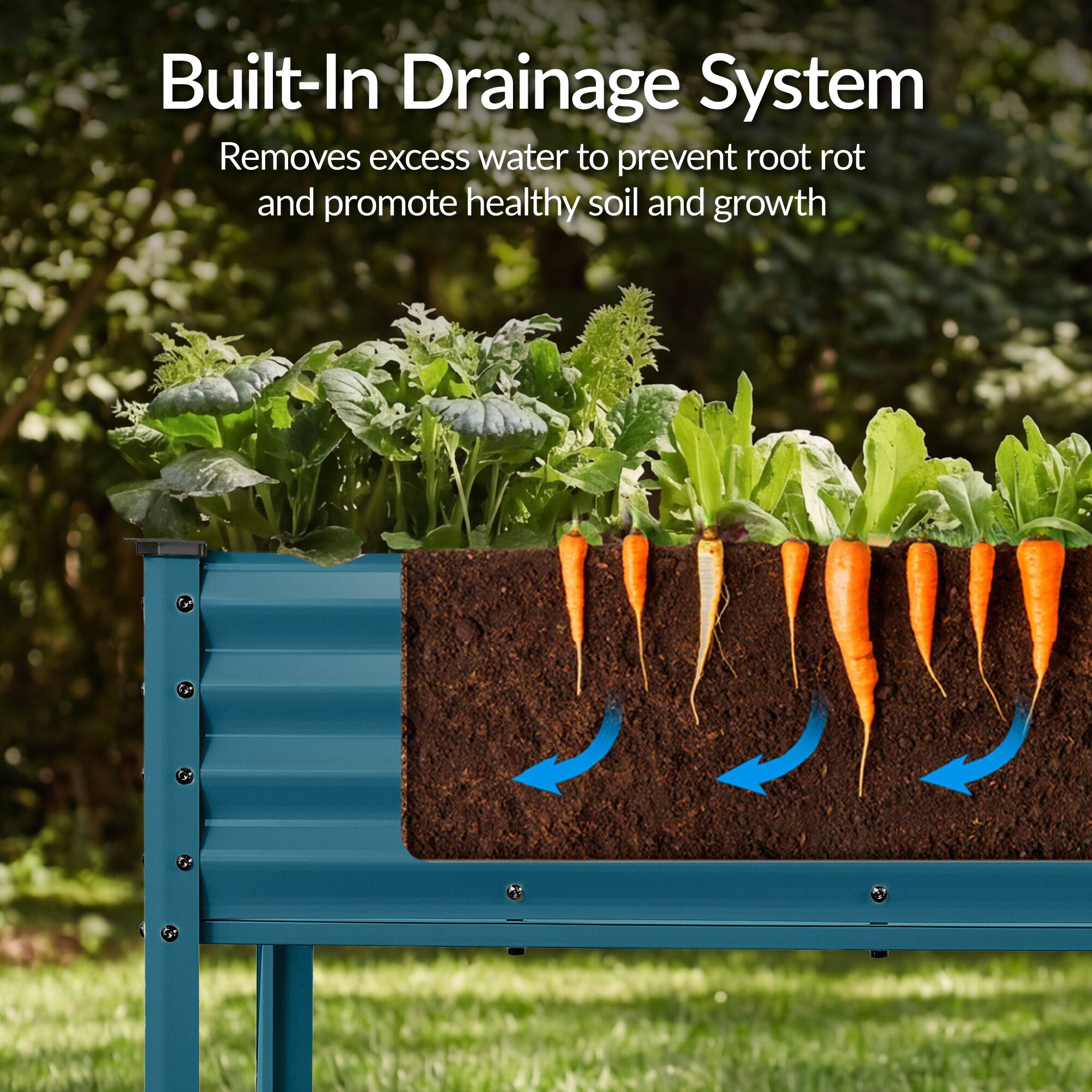 Built-In Drainage System  
Removes excess water to prevent root rot and promote healthy soil and growth