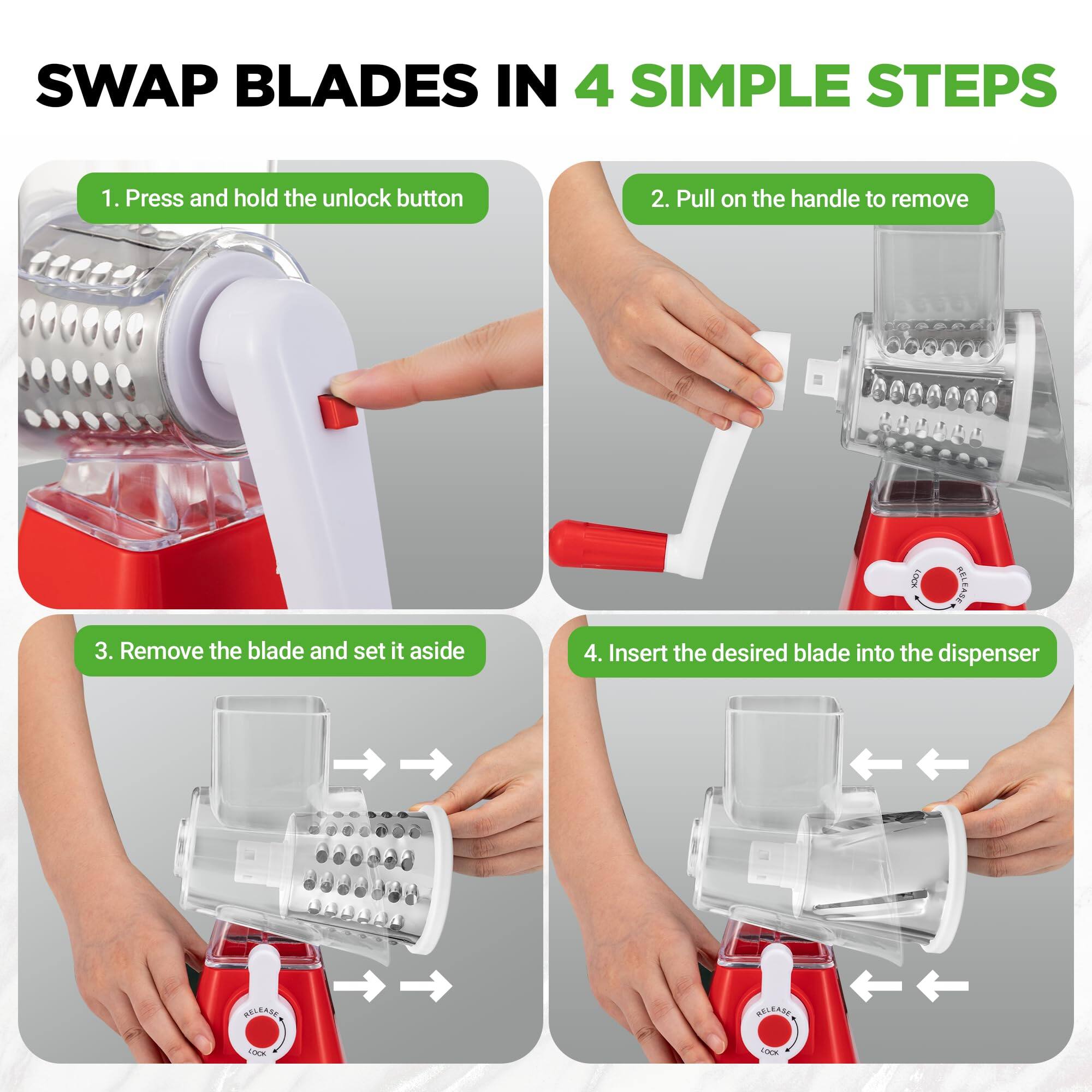 SWAP BLADES IN 4 SIMPLE STEPS

1. Press and hold the unlock button
2. Pull on the handle to remove
3. Remove the blade and set it aside
4. Insert the desired blade into the dispenser