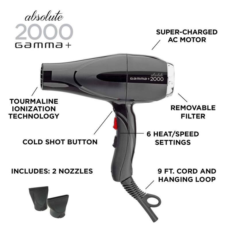 absolute 2000 Gamma + SUPER-CHARGED AC MOTOR absolute Gamma + 2000 TOURMALINE IONIZATION TECHNOLOGY REMOVABLE FILTER COLD SHOT BUTTON 6 HEAT/SPEED SETTINGS INCLUDES: 2 NOZZLES 9 FT. CORD AND HANGING LOOP