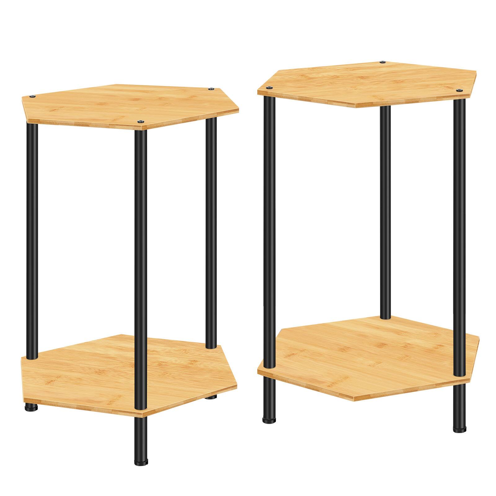 Angle. Oumilen - Set of 2 Hexagonal Bamboo Side Tables – 2-Tier End Table with Black Metal Legs, Accent Nightstand for Sofa Bedroom - Natural.