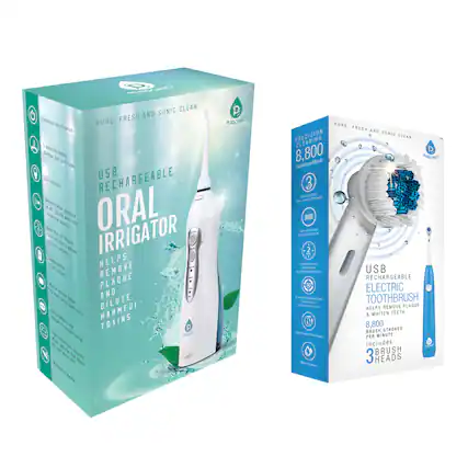 PURE, FRESH AND SONIC CLEAN
USB RECHARGEABLE ORAL IRRIGATOR
HELPS REMOVE PLAQUE AND DILUTE HARMFUL TOXINS
PRECISION CLEANING 8,800 Oscillations/Minute
3 operating modes: Normal, Soft, and Pulse
LED indicator
Delivers water pressure at 1.2 bar
8,800 pulses per minute
Includes 2 brush heads
USB RECHARGEABLE ELECTRIC TOOTHBRUSH
HELPS REMOVE PLAQUE & WHITEN TEETH
8,800 BRUSH STROKES PER MINUTE
Includes 3 BRUSH HEADS