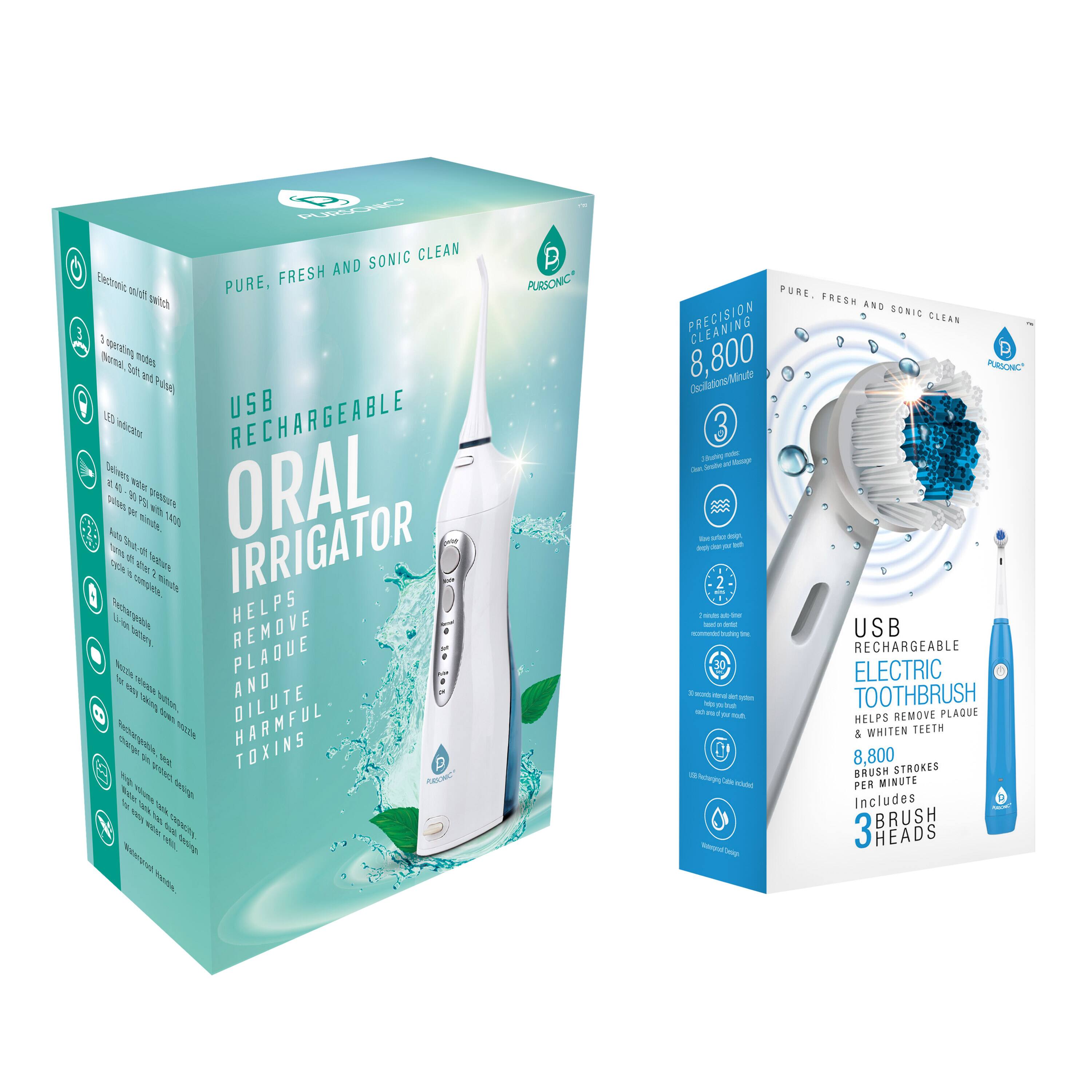 PURE, FRESH AND SONIC CLEAN

USB RECHARGEABLE ORAL IRRIGATOR

HELPS REMOVE PLAQUE AND DILUTE HARMFUL TOXINS

PRECISION CLEANING 8,800 Oscillations/Minute

3 operating modes: Normal, Soft, and Pulse

LED indicator

Delivers water pressure at 1.2 bar

8,800 pulses per minute

Includes 2 brush heads

USB RECHARGEABLE ELECTRIC TOOTHBRUSH

HELPS REMOVE PLAQUE & WHITEN TEETH

8,800 BRUSH STROKES PER MINUTE

Includes 3 BRUSH HEADS