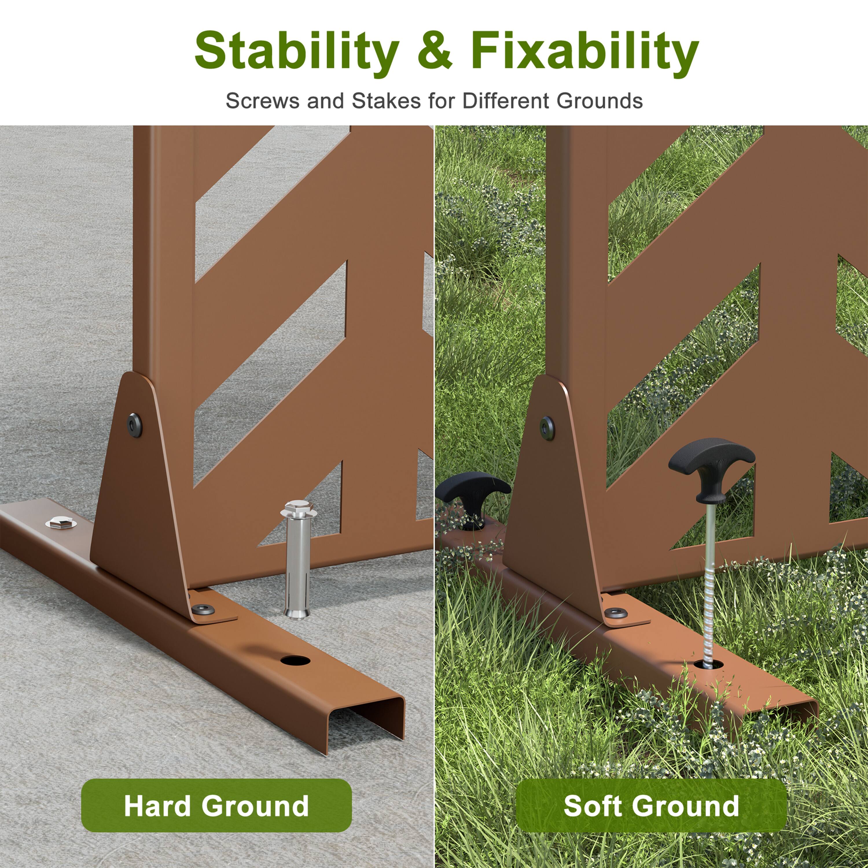 Stability & Fixability  
Screws and Stakes for Different Grounds  

Hard Ground  
Soft Ground