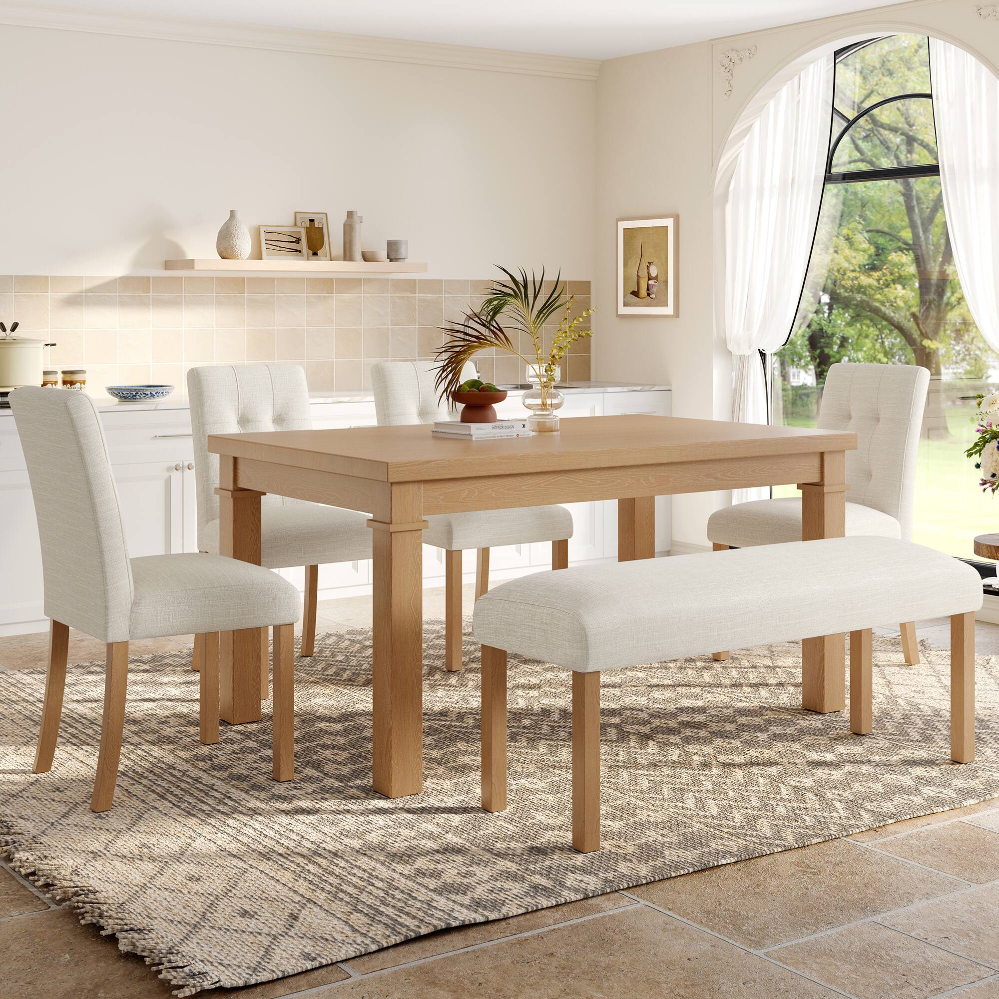 Angle. APRILSOUL - 6-Piece Modern Dining Set Rectangle Kitchen Table with 4 Upholstered Chairs and Bench Ideal for Dining Room - Natural.