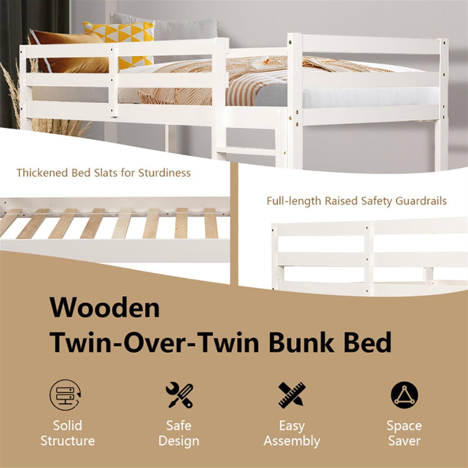 Thickened Bed Slats for Sturdiness  
Full-length Raised Safety Guardrails  

Wooden Twin-Over-Twin Bunk Bed  

- Solid Structure  
- Safe Design  
- Easy Assembly  
- Space Saver