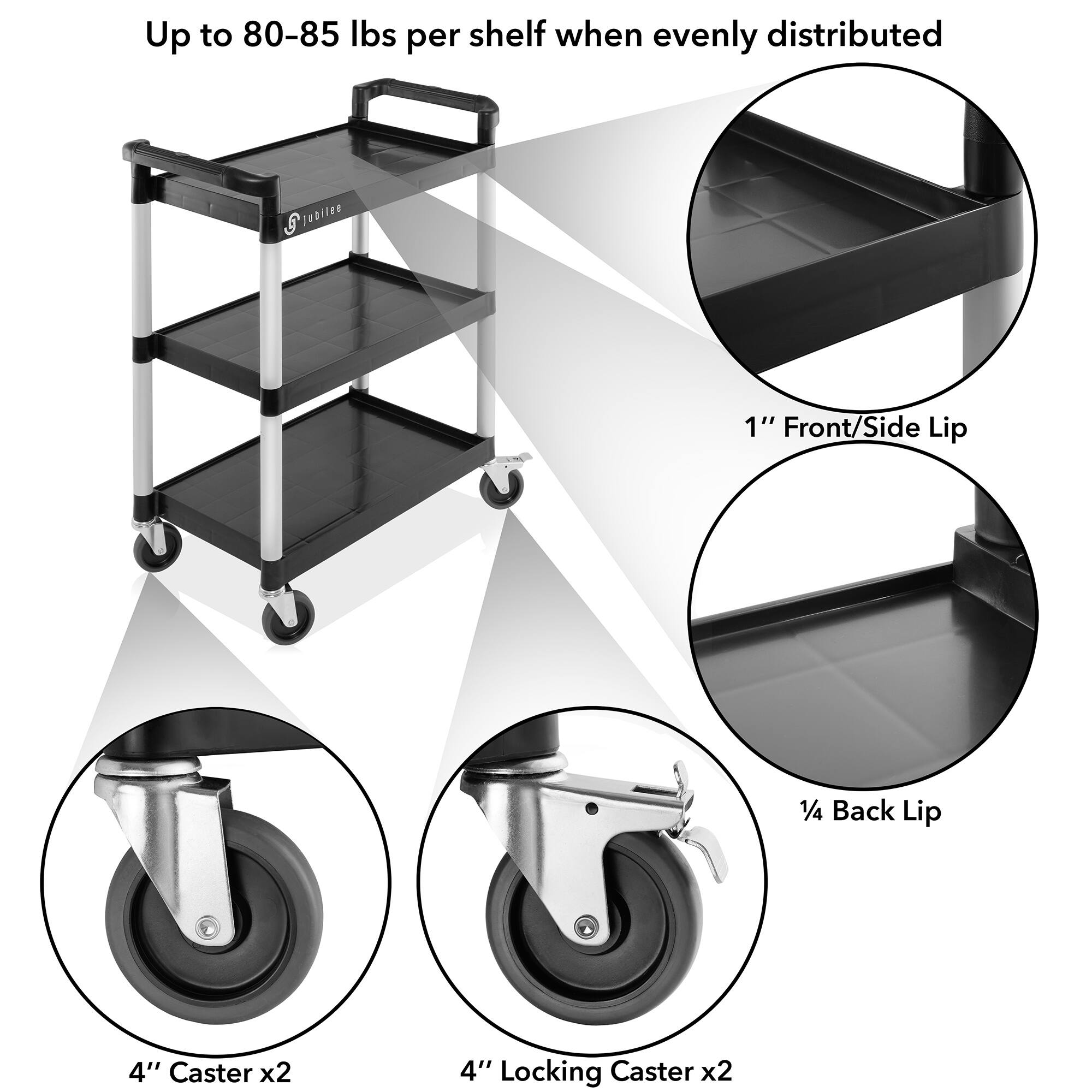 Up to 80-85 lbs per shelf when evenly distributed

5 Jubilee

1" Front/Side Lip

1/4" Back Lip

4" Caster x2

4" Locking Caster x2