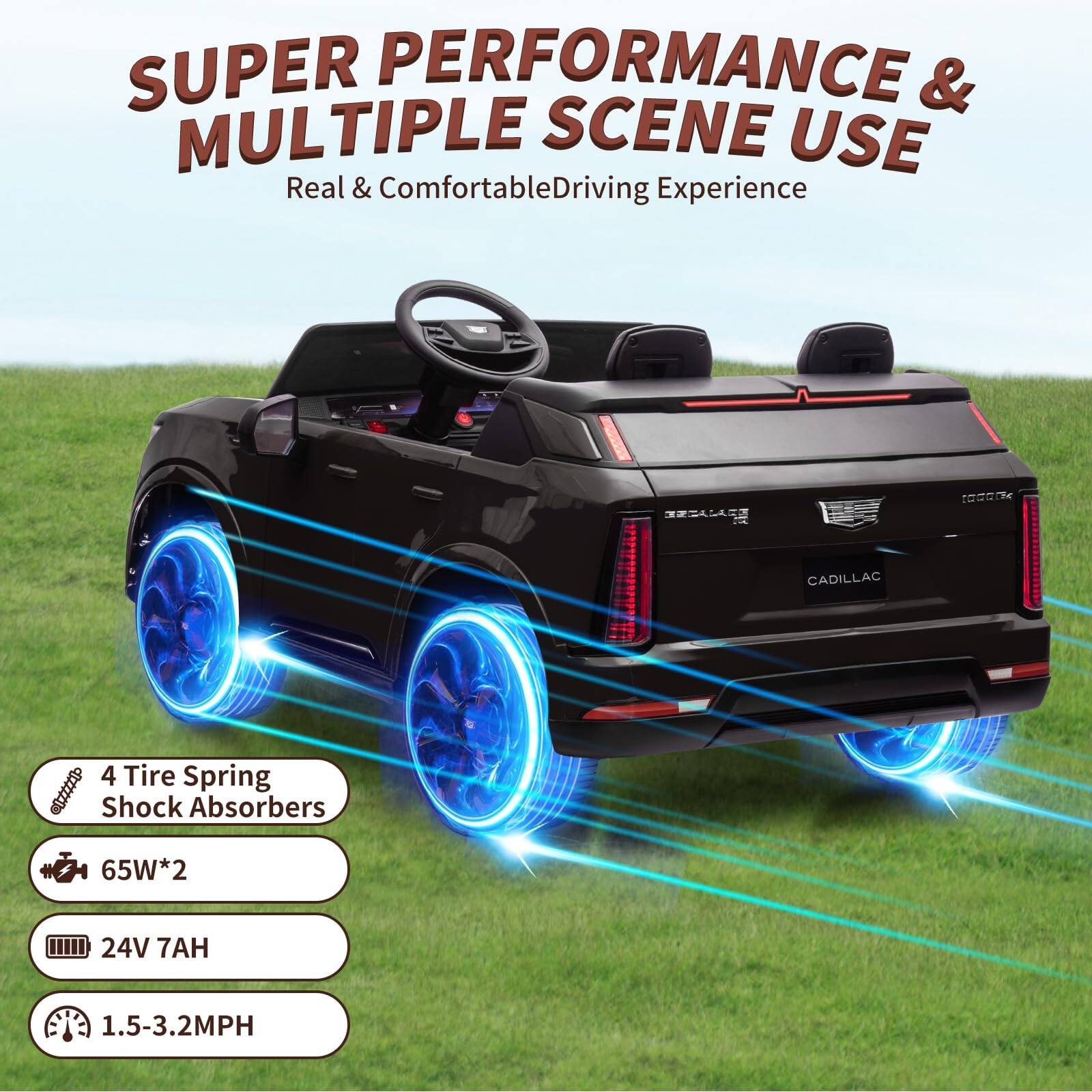 SUPER PERFORMANCE & MULTIPLE SCENE USE  
Real & Comfortable Driving Experience  

4 Tire Spring Shock Absorbers  
65W*2  
24V 7AH  
1.5-3.2MPH