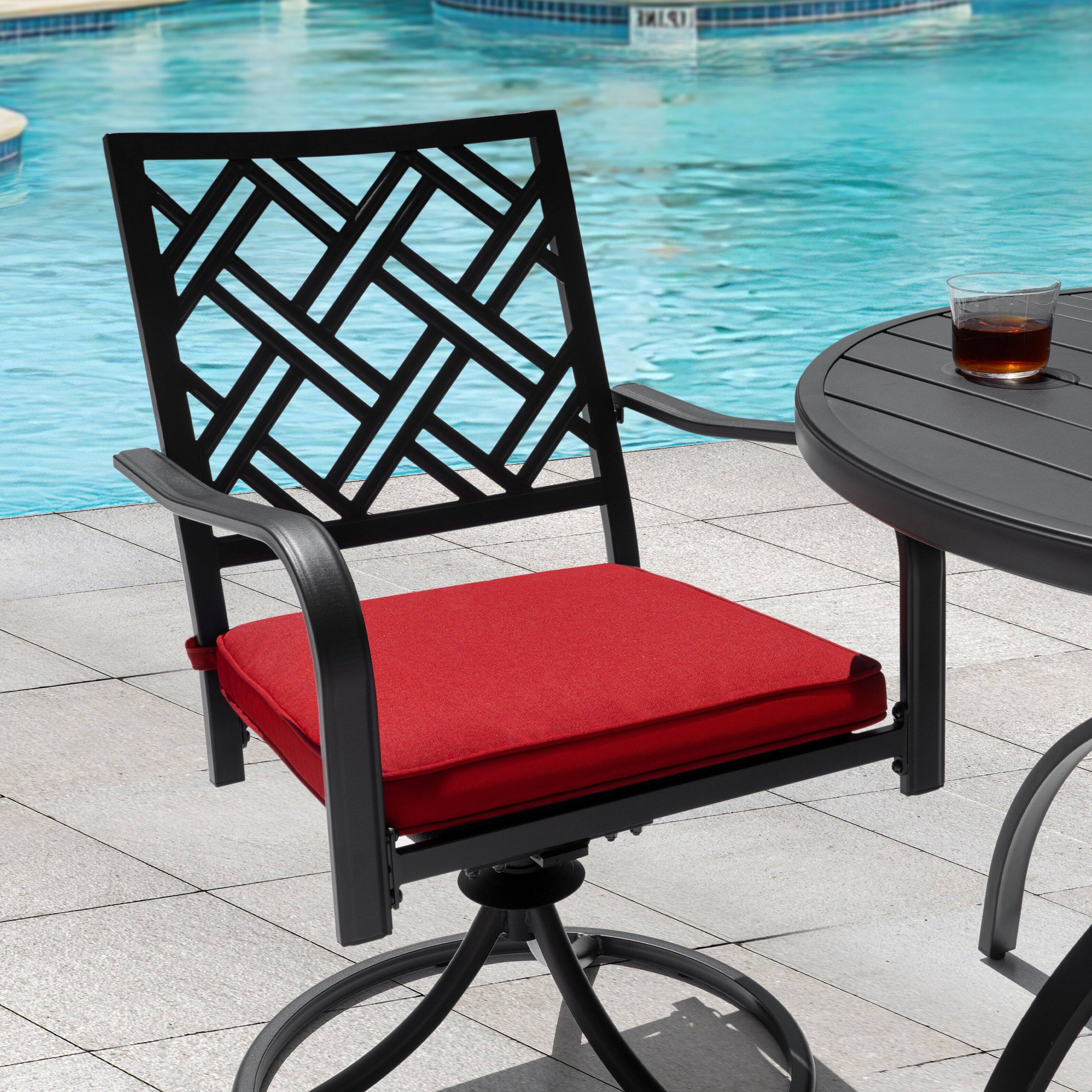 Back. Nuu Garden - 5-Piece Metal Round Outdoor Dining Set with Umbrella Hole and Zippered Cushions, Swivel Chairs - Black and Red.