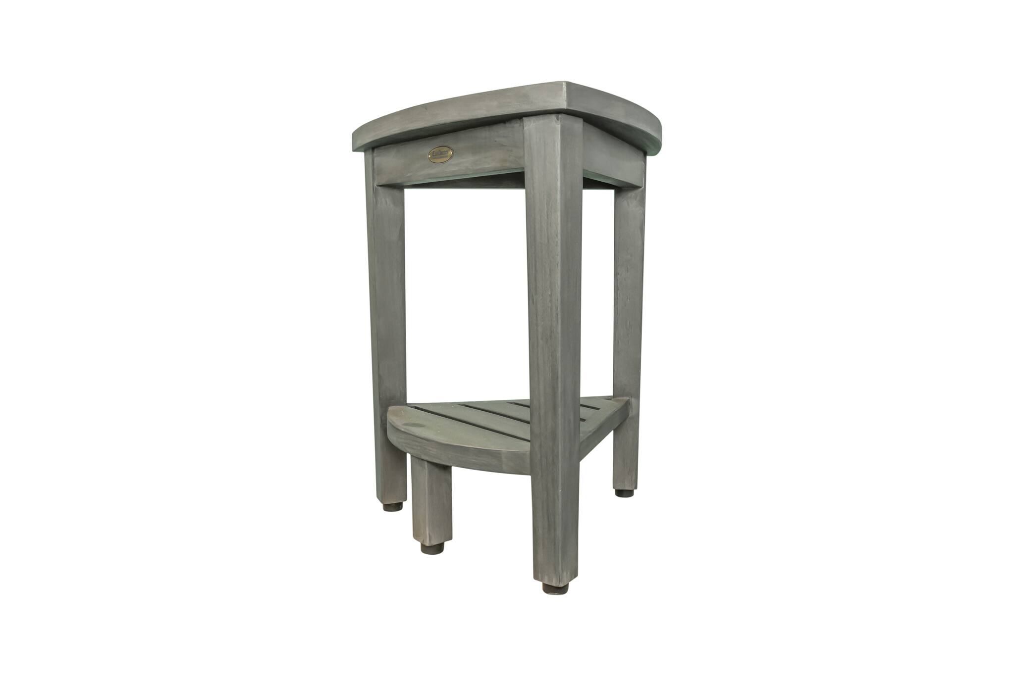 Left. CoastalVogue - CoastalVogue SnazzyCorner 15" Teak Wood Corner Shower Bench with Shelf in Antique Gray Finish - Antique Gray.
