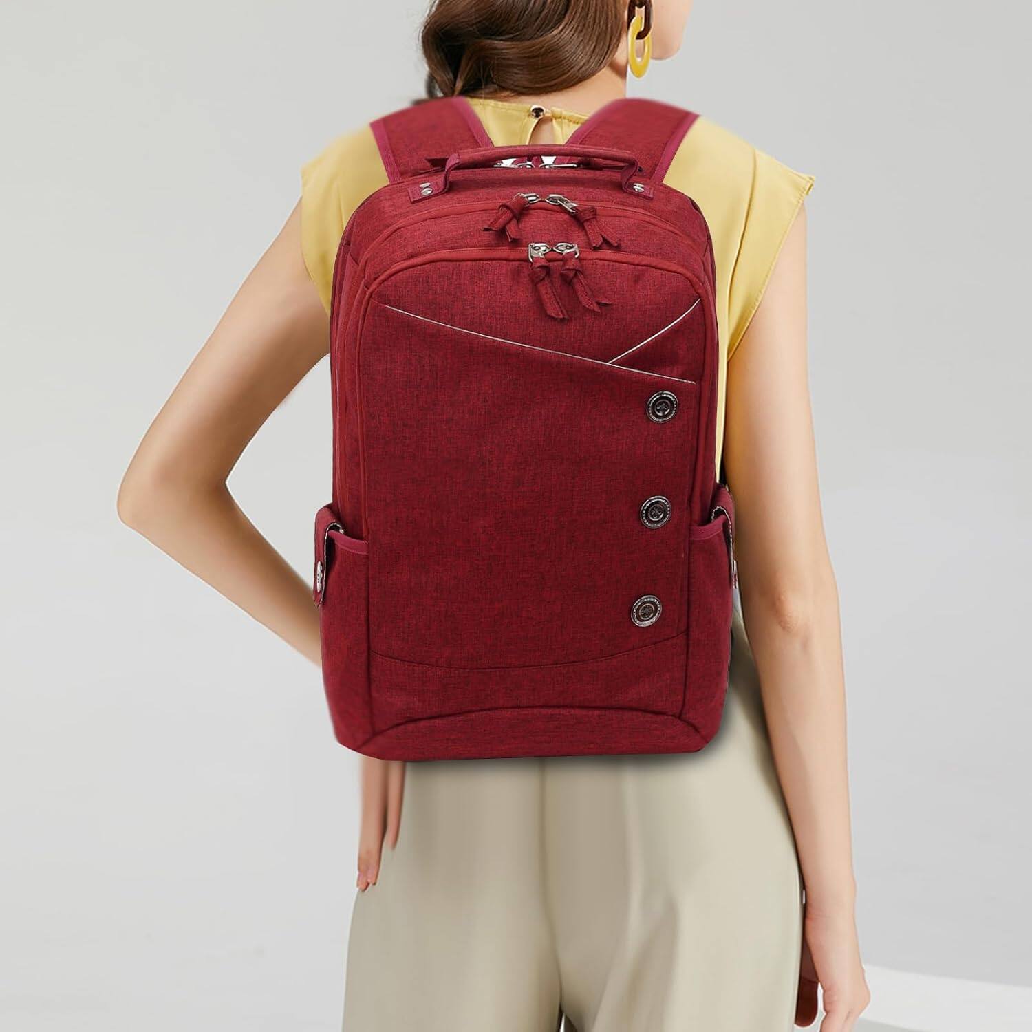 Alt View 6. Wikistore - WIKISTORE 15.6 Inch Laptop Backpack Women Stylish Buttons Water Resistant USB Port College Travel Red - Red.