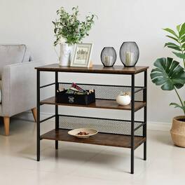 Kadyn - 39.25"W x 12.5"D x 36.25"H 3-Tier Console Table Industrial Style Storage Metal Wooden Shelf, Adjustable Feet - Brown