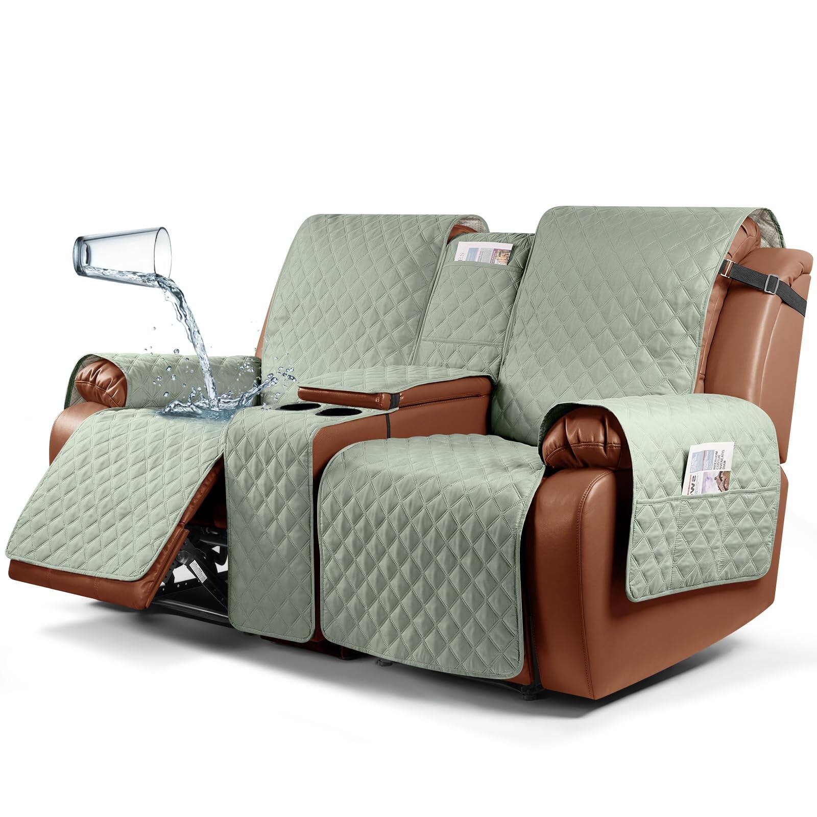 Fabibe - Waterproof Recliner Loveseat Cover with Console Non-Slip Couch Covers for Reclining Couches Pet Cover for Double - Sage Green 2 seater