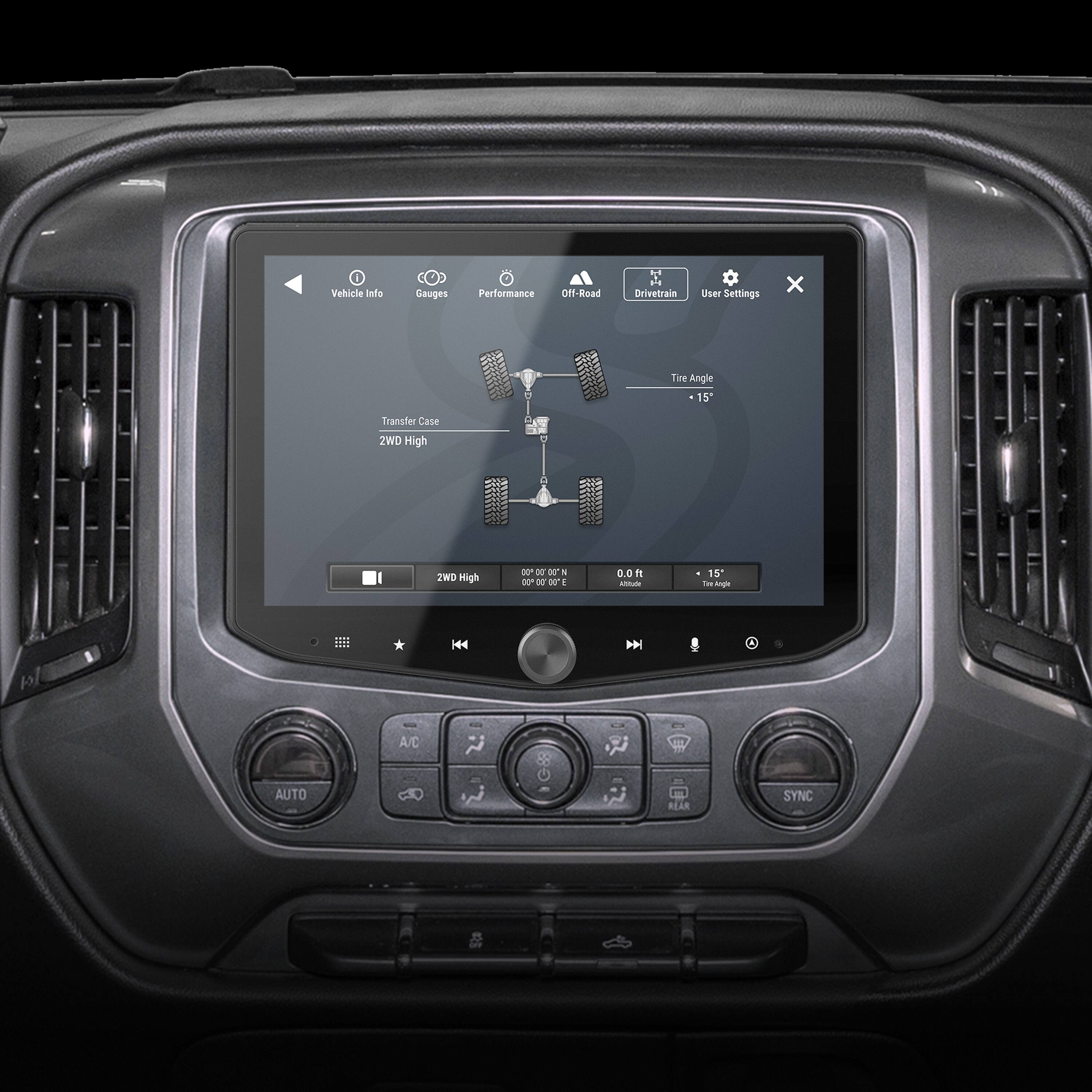 I Vehicle Info Gauges Performance Off-Road Drivetrain User Settings x Tire Angle 15 Transfer Case ZWD High ZID High BO 30 o 5 I -00 00 - 3 D.D 1 - 5 T Bugs 144 |44 A/C AUTO REAR SYNC