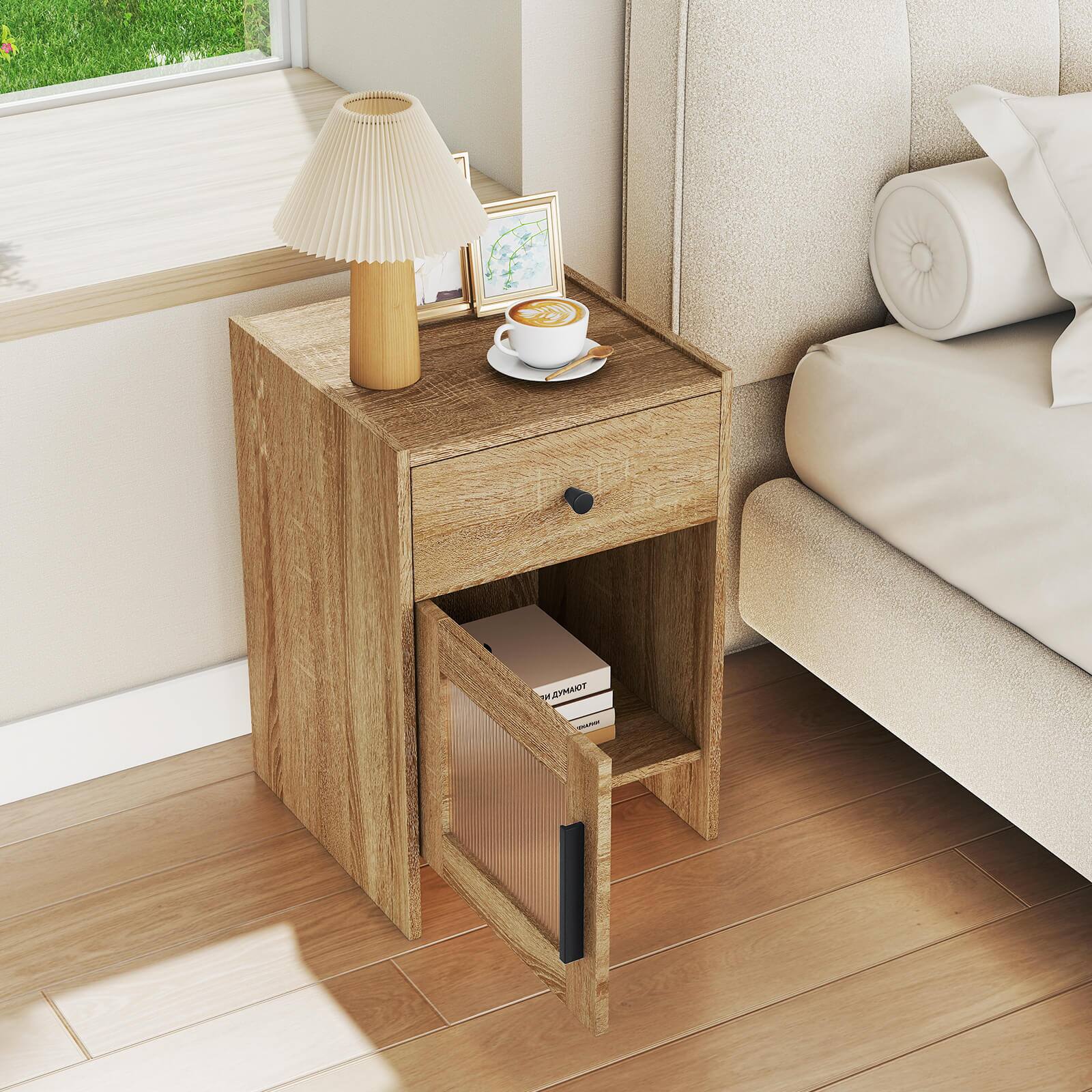 Alt View 3. Costway - Costway 1 PCS Farmhouse Nightstand Fluted Bed Side Table with Large Drawer & Enclosed Cabinet - Natural.