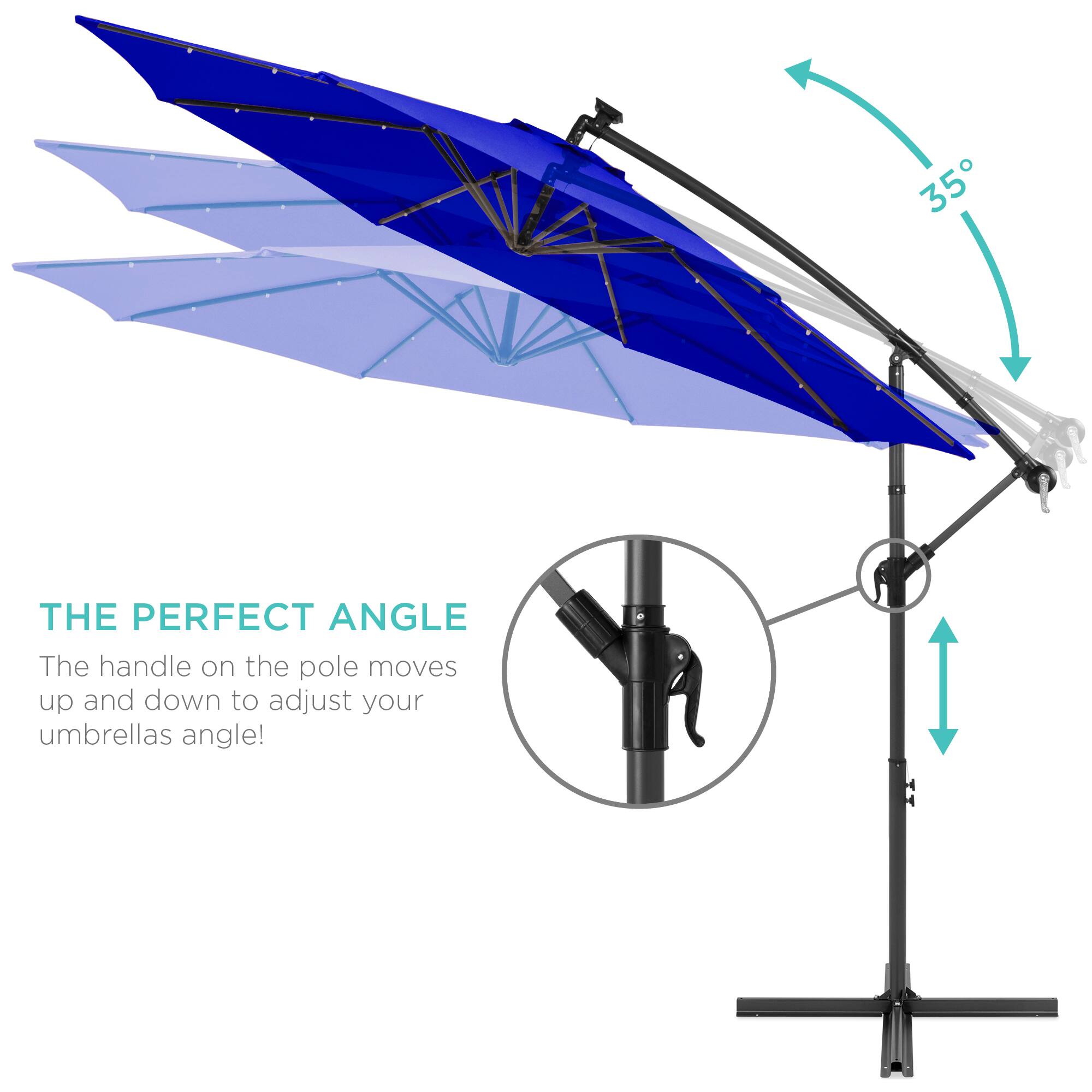 THE PERFECT ANGLE

The handle on the pole moves up and down to adjust your umbrella's angle!
