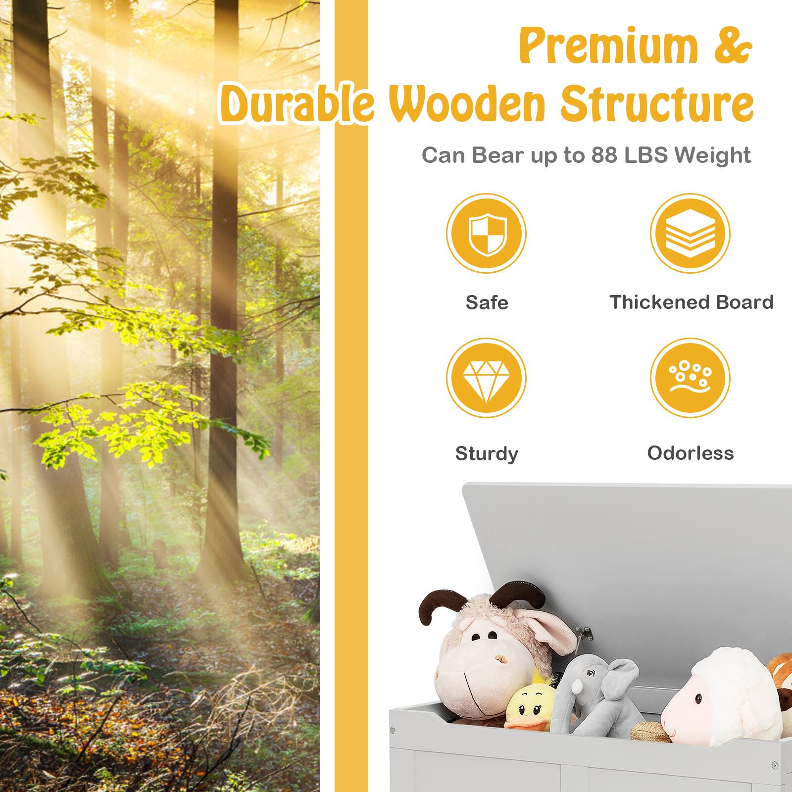 Premium & Durable Wooden Structure  
Can Bear up to 88 LBS Weight  

- Safe  
- Thickened Board  
- Sturdy  
- Odorless