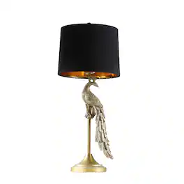 Manhattan Lane - 29 Inch Peacock Table Lamp, Polyresin Sculpture, Drum Shade - Black/Gold