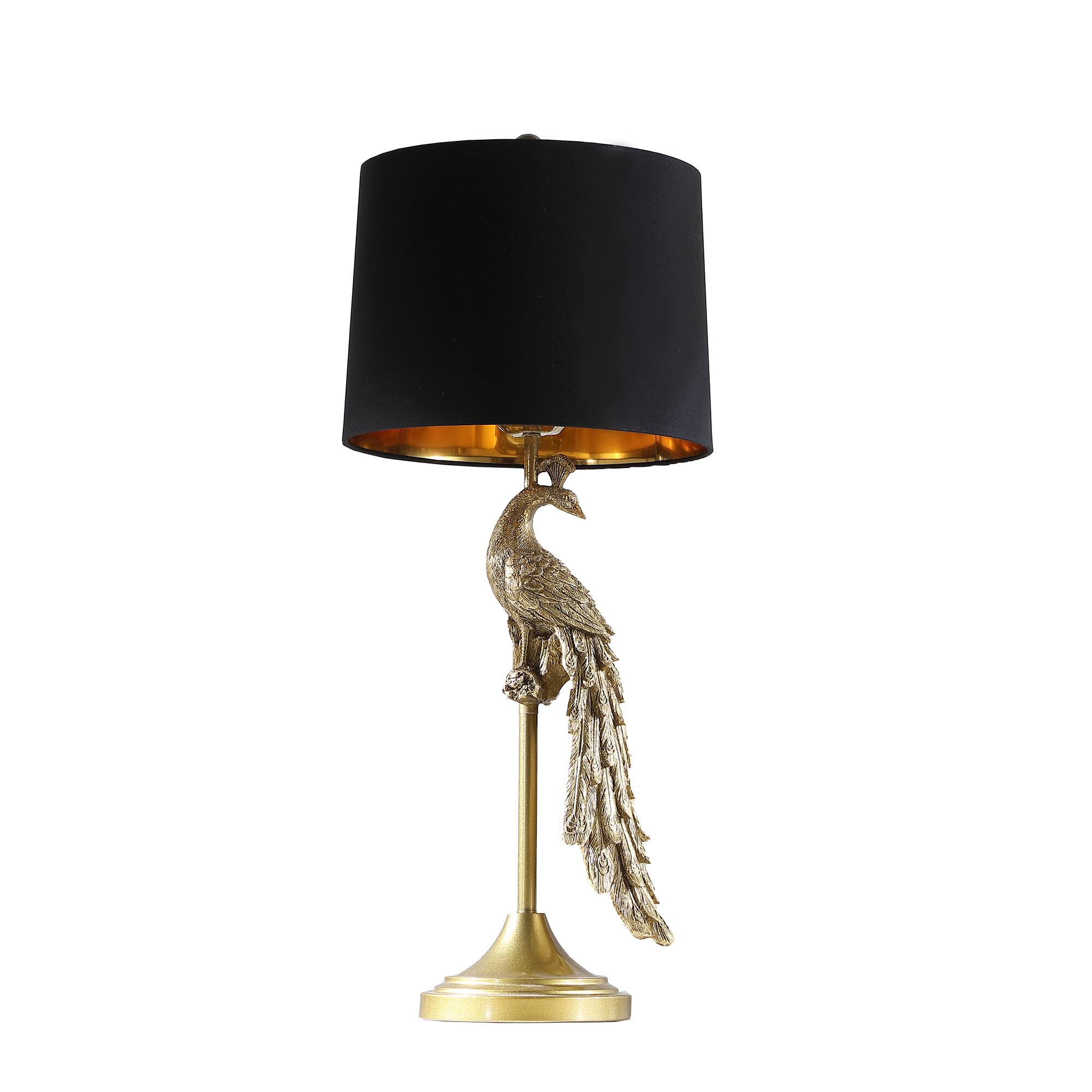 Front. Manhattan Lane - 29 Inch Peacock Table Lamp, Polyresin Sculpture, Drum Shade - Black, Gold.