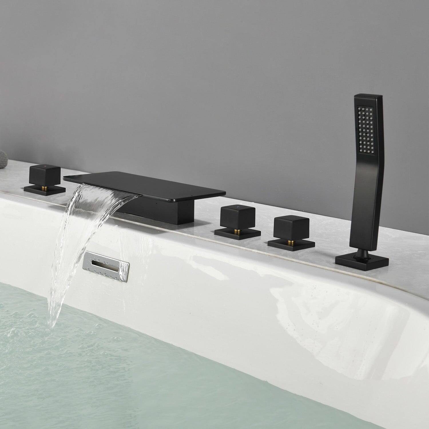 Alt View 2. Boyel Living - Black Bathtub Faucet with Waterfall Spout and Handheld Shower Five Hole Installation Hot Cold Control - Matte Black.