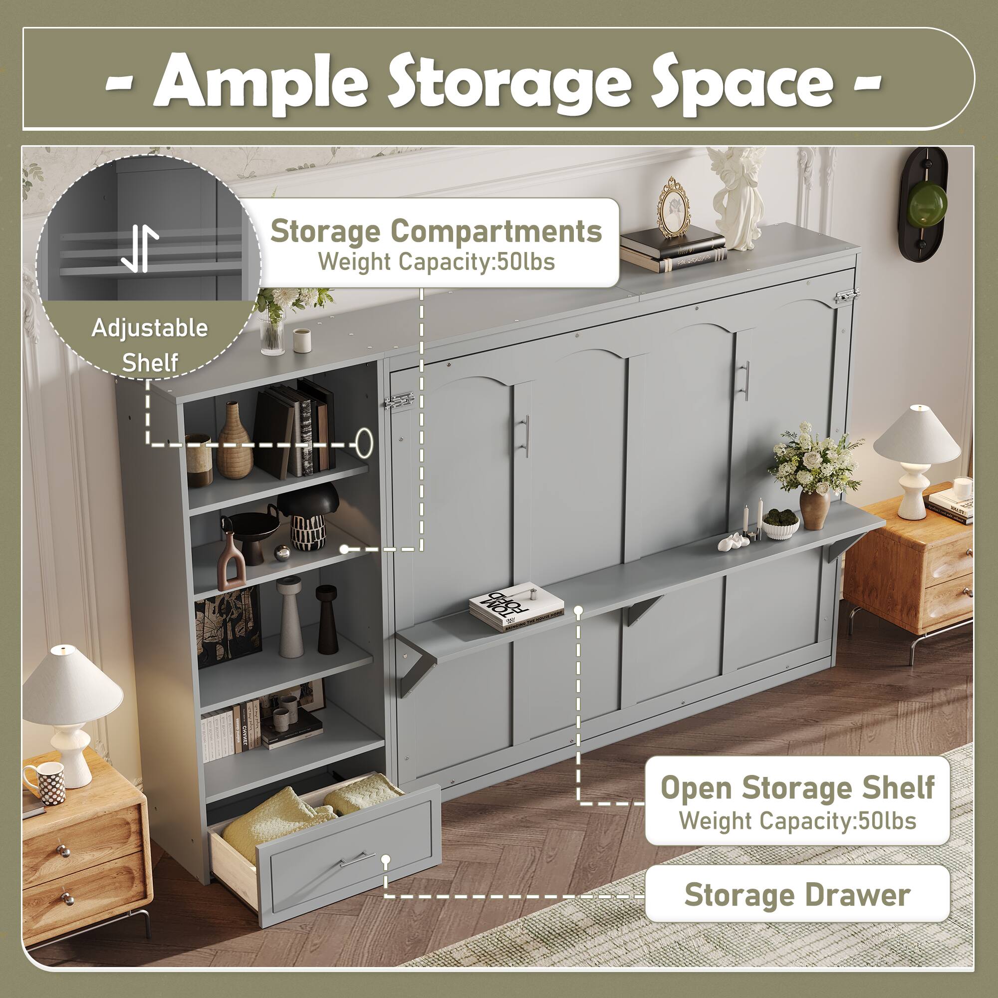 - Ample Storage Space
- 1L Storage Compartments
- Weight Capacity: 50lbs
- Adjustable Shelf
- Open Storage Shelf Weight Capacity: 50lbs
- Storage Drawer