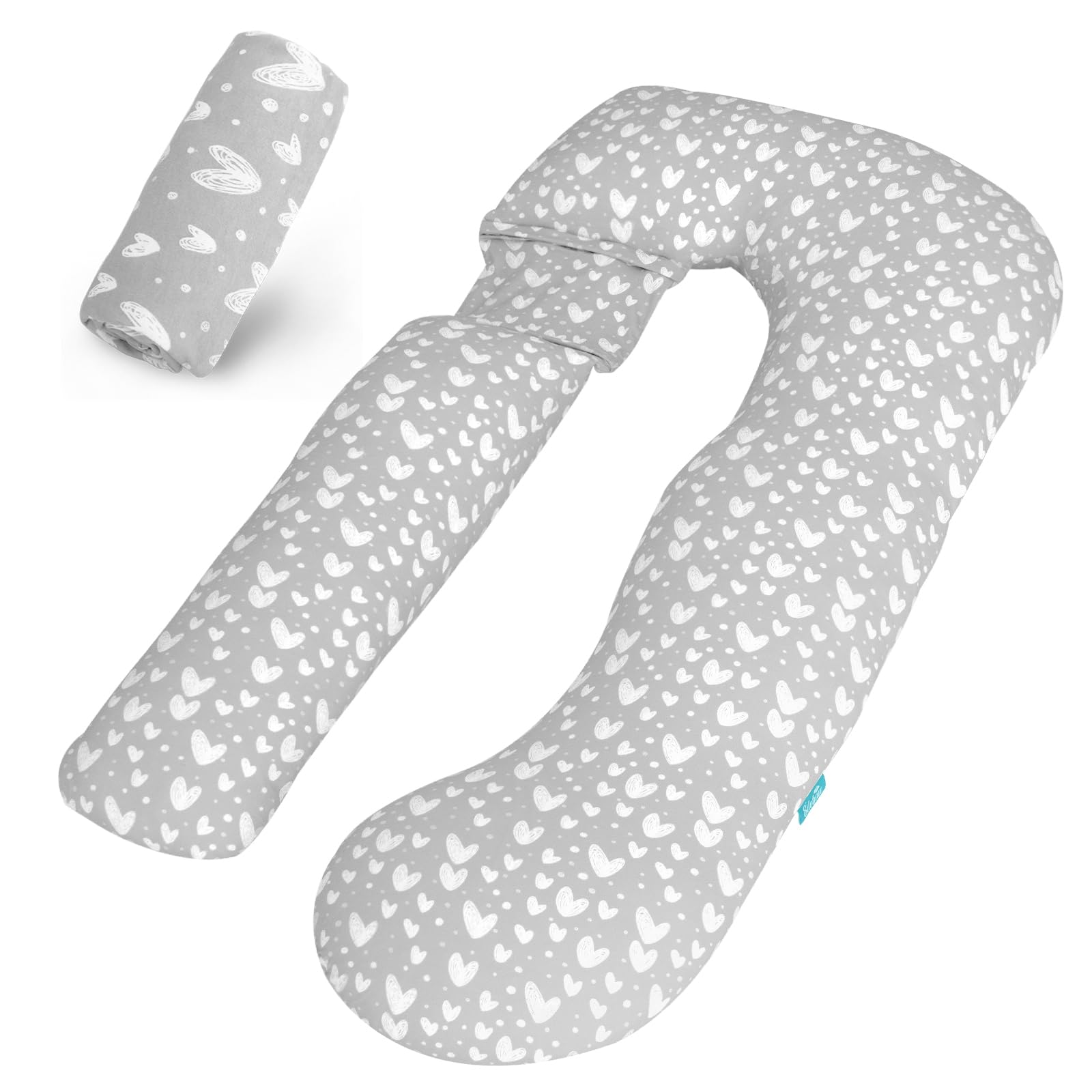 Front. Hirose Alice - Pillow Cover U-shaped Super Soft Replacement Fits 55/57 Inch Maternity Full Body Case Universal Fit Hearts - Grey Heart Detachable U-Shape.