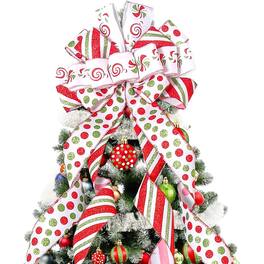 PARKER SLATER - Christmas Tree Topper Bow – Large Green Wreath Bow, Red & Green Stripes, 52"x13", Xmas Decor - Multicolor