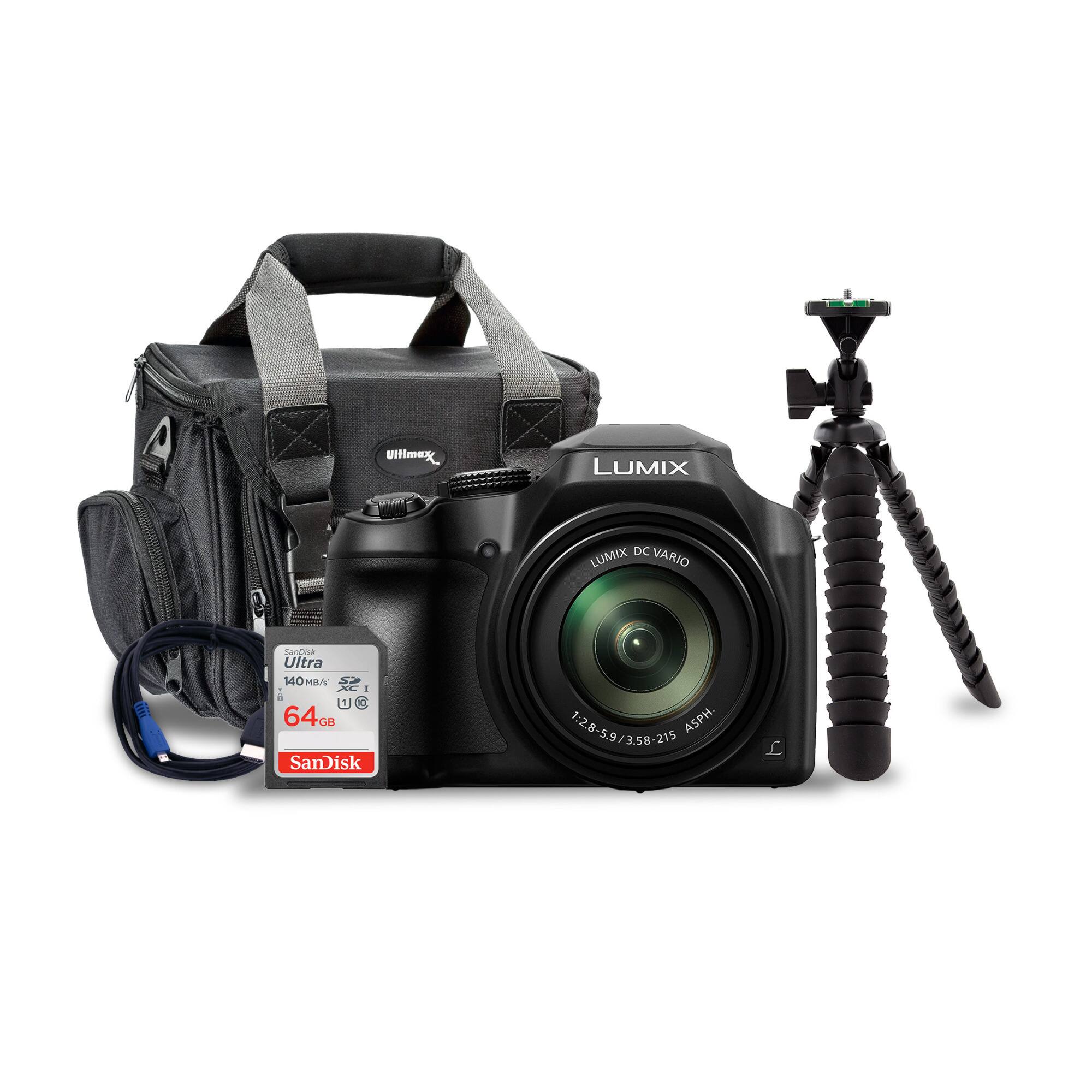 The image features a Lumix camera with a lens attached to it, along with a SanDisk memory card and a tripod. The camera is placed next to a bag, and the memory card is sitting on top of the camera. The tripod is positioned near the camera, ready for use.