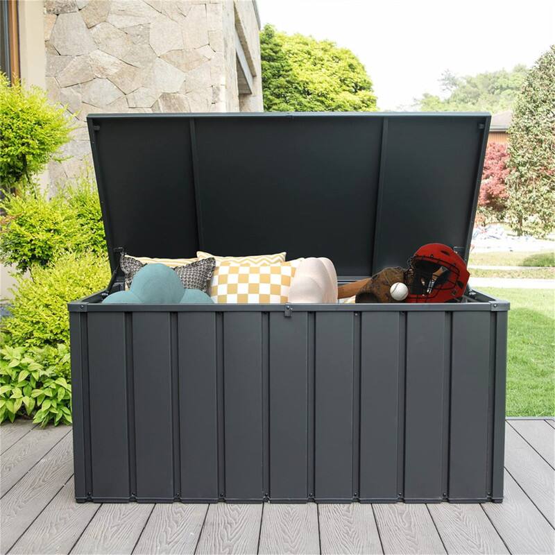 Back. HTUTWOO - 150 Gallon Outdoor Storage Deck Box -Waterproof Large Patio Storage Bin for Cushions Throw Pillows Garden Tools,Lockable - Dark Gray.