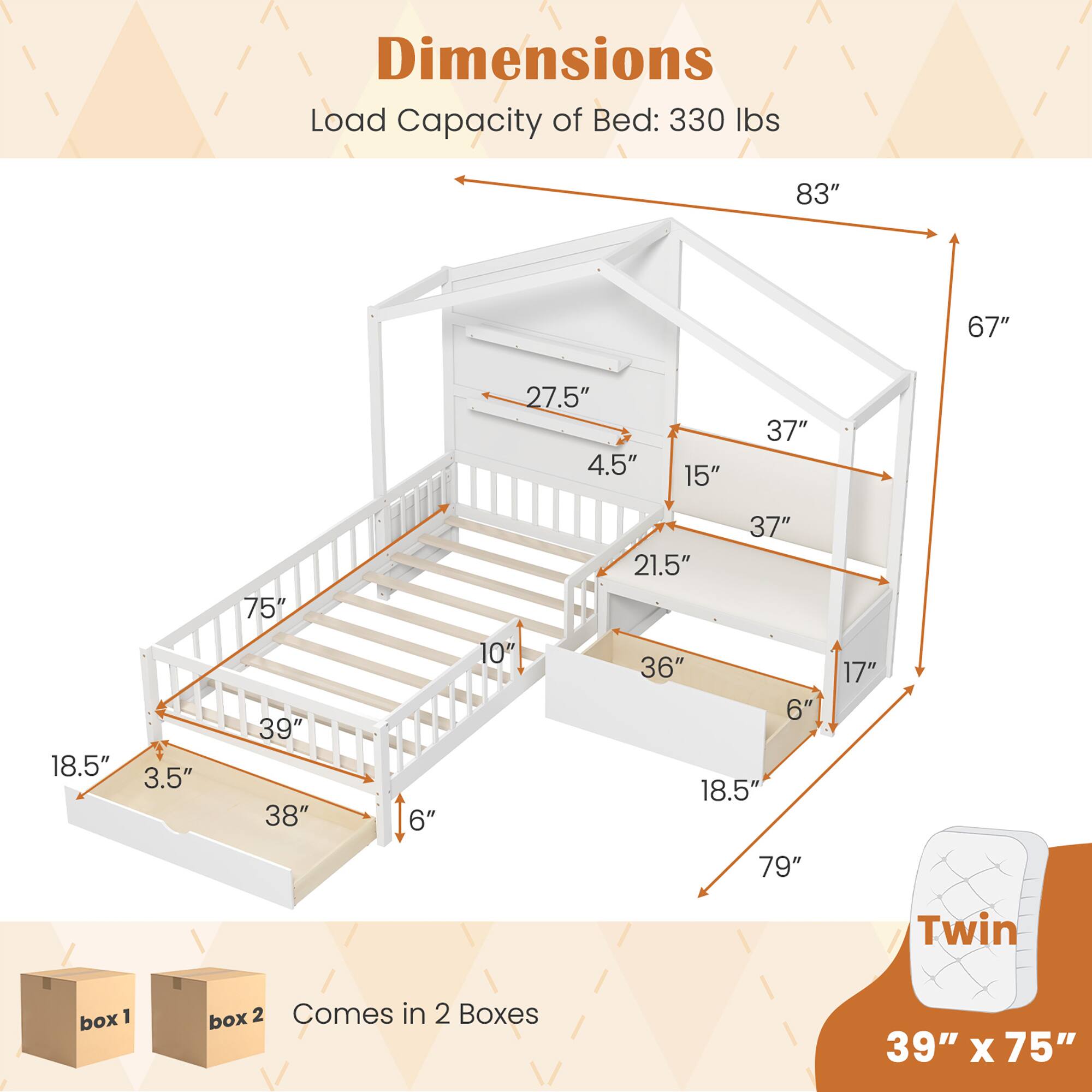 Dimensions  
Load Capacity of Bed: 330 lbs  

- 83"  
- 67"  
- 27.5"  
- 4.5"  
- 15"  
- 37"  
- 75"  
- 21.5"  
- 37"  
- 18.5"  
- 3.5"  
- 39"  
- 38"  
- 6"  
- 10"  
- 36"  
- 18.5"  
- 6"  
- 17"  
- 79"  

Twin box  
1 box  
2  

Comes in 2 Boxes  
39" x 75"
