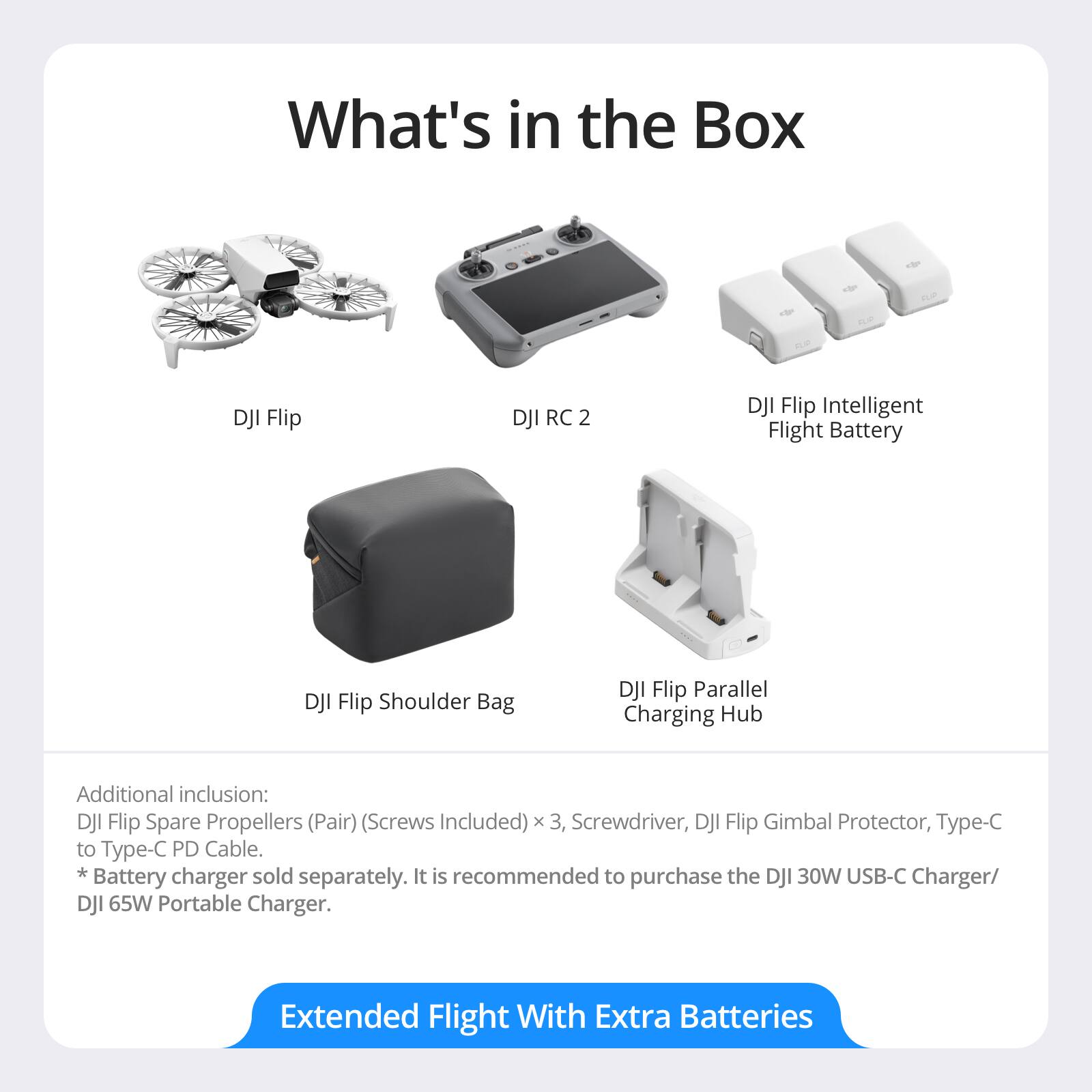 What's in the Box

- DJI Flip
- DJI RC 2
- DJI Flip Intelligent Flight Battery
- DJI Flip Shoulder Bag
- DJI Flip Parallel Charging Hub

Additional inclusion:
- DJI Flip Spare Propellers (Pair) (Screws Included) x 3
- Screwdriver
- DJI Flip Gimbal Protector
- Type-C to Type-C PD Cable
- *Battery charger sold separately. It is recommended to purchase the DJI 30W USB-C Charger/ DJI 65W Portable Charger.

Extended Flight With Extra Batteries