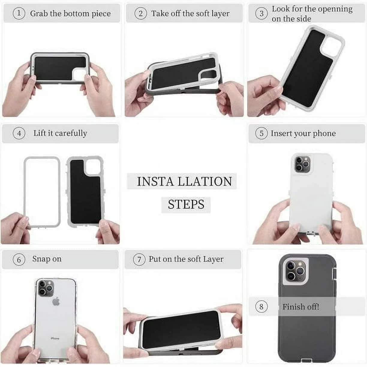 1. Grab the bottom piece
2. Take off the soft layer
3. Look for the opening on the side
4. Lift it carefully
5. Insert your phone
6. Snap on
7. Put on the soft layer
8. Finish off!