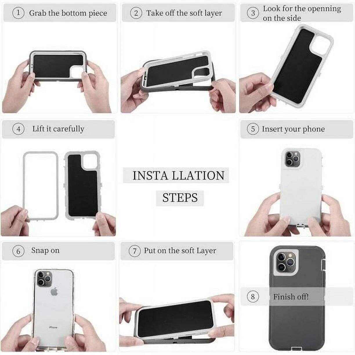 1. Grab the bottom piece
2. Take off the soft layer
3. Look for the opening on the side
4. Lift it carefully
5. Insert your phone
6. Snap on
7. Put on the soft layer
8. Finish off!