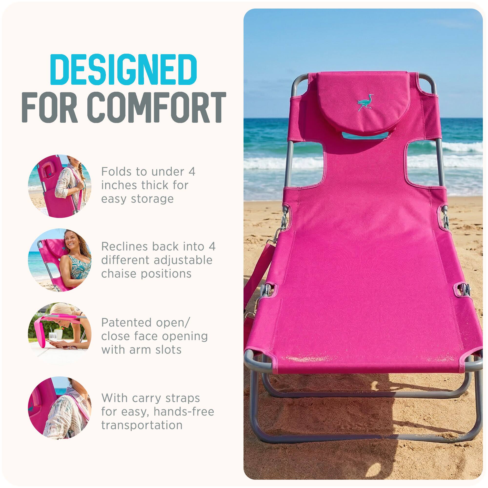 DESIGNED FOR COMFORT

- Folds to under 4 inches thick for easy storage
- Reclines back into 4 different adjustable chaise positions
- Patented open/close face opening with arm slots
- With carry straps for easy, hands-free transportation