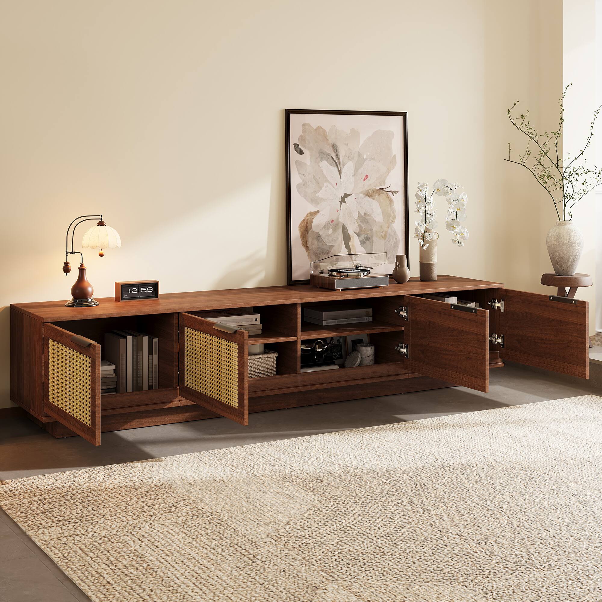 Back. MERAVOM - 78 Inch TV Stand for TVs up to 85-Inch, Media Console with 4 Rattan Doors, Modern Entertainment Center for Living Room - Walnut.