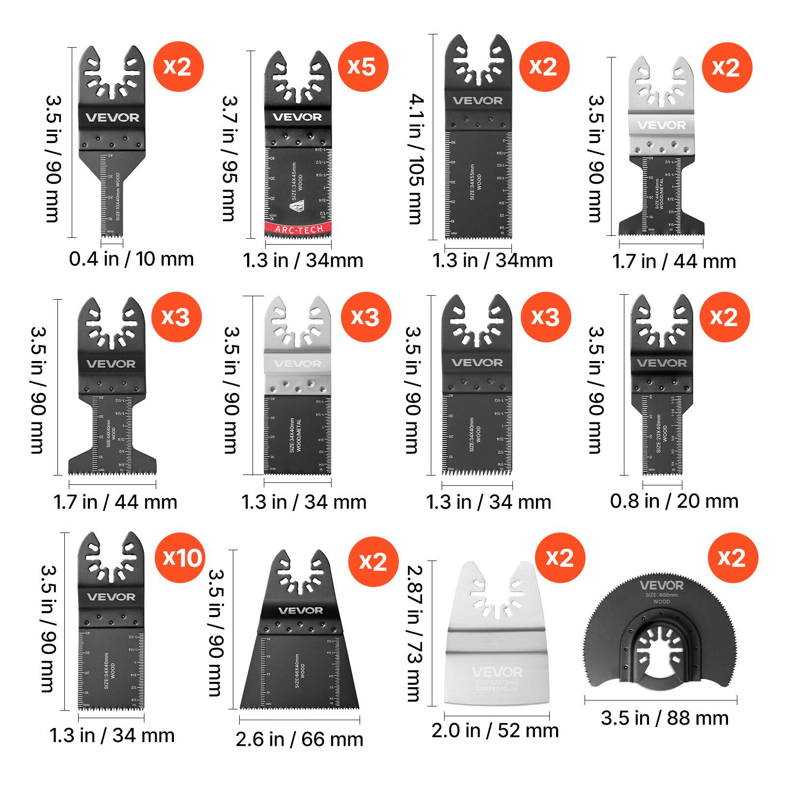 3.5 in / 90 mm VEVOR x2  
3.7 in / 95 mm VEVOR x5  
4.1 in / 105 mm VEVOR x2  
3.5 in / 90 mm VEVOR x3  
3.5 in / 90 mm VEVOR x3  
3.5 in / 90 mm VEVOR x3  
3.5 in / 90 mm VEVOR x2  
3.5 in / 90 mm VEVOR x10  
2.87 in / 73 mm VEVOR x2  
2.0 in / 52 mm VEVOR x2  
3.5 in / 88 mm VEVOR x2