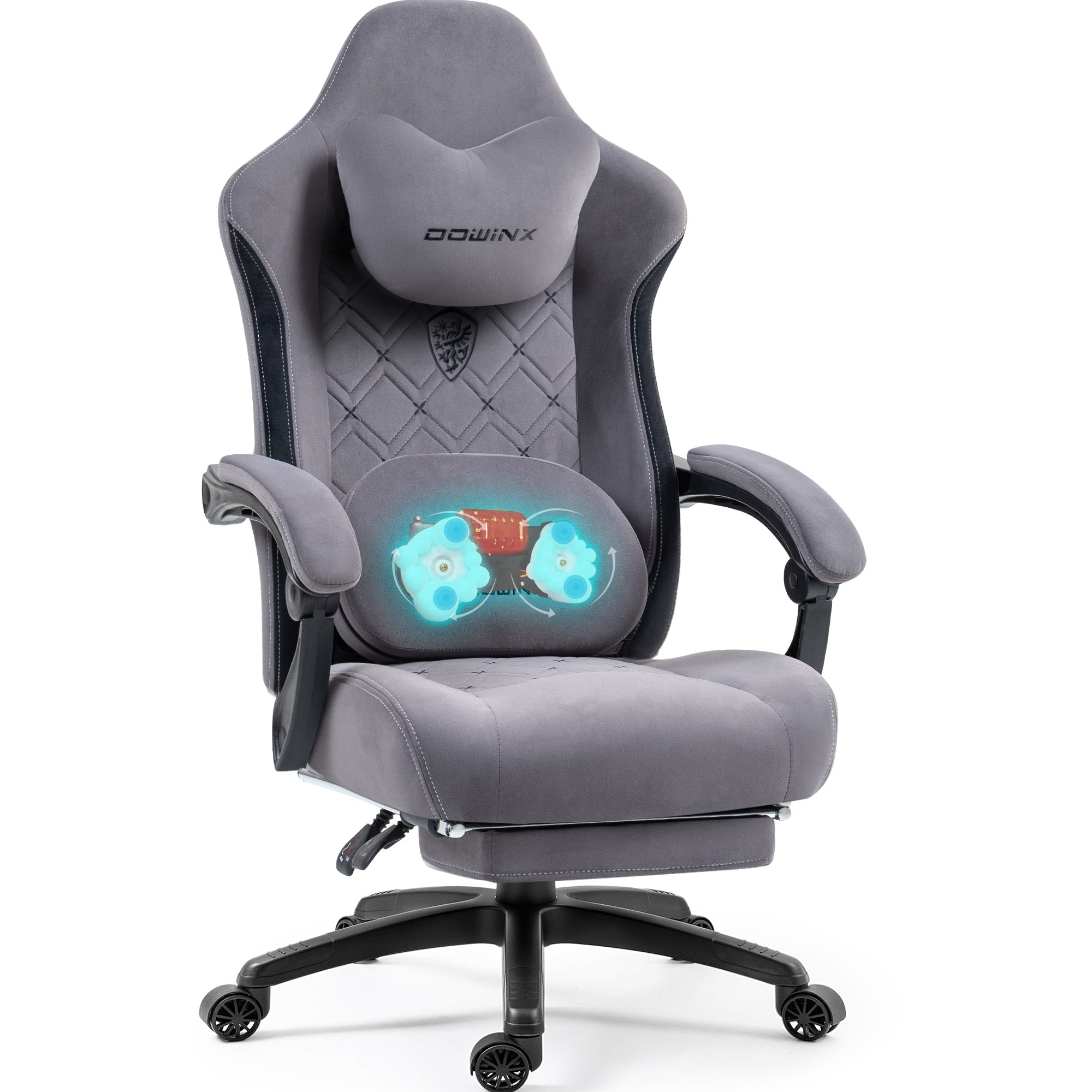 Dowinx - Gaming Chair Fabric with Heated Massage Lumbar Support, Big and Tall Ergonomic Game Chair for Adults with Footrest - Gray