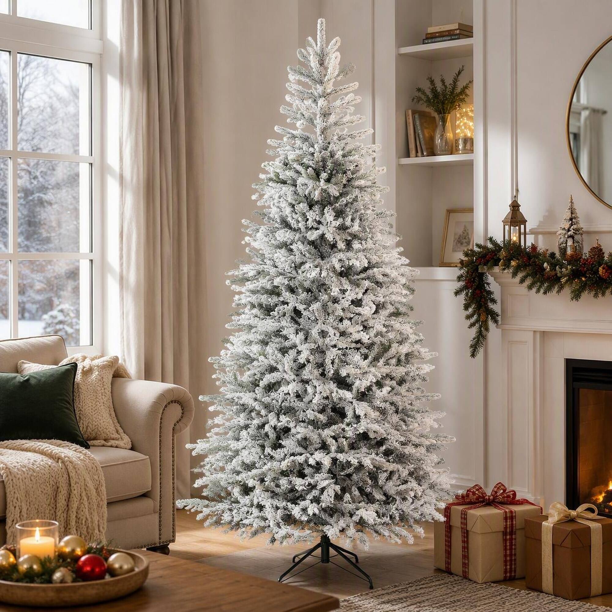 Left. RYHNUYNE - HOMCOM 9 Ft Artificial Frosted Christmas Tree, Realistic Branches Wide Full Spruce Hinged Design Easy Assembly - Green.