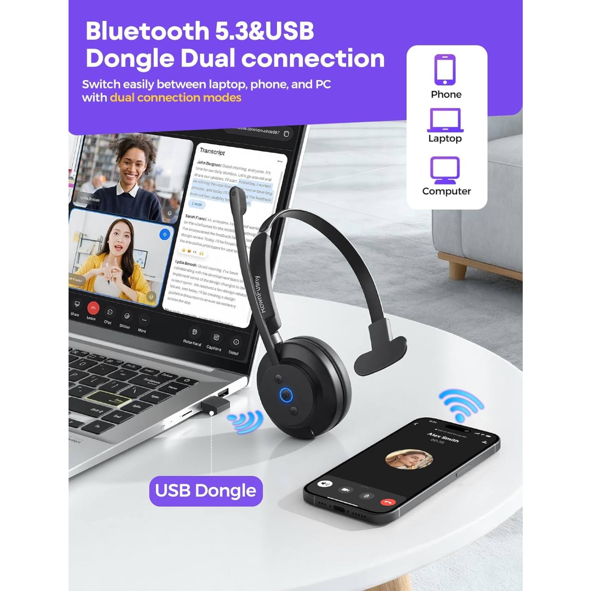 Bluetooth 5.3 & USB Dongle Dual connection  
Switch easily between laptop, phone, and PC with dual connection modes  

Phone  
Laptop  
Computer  

USB Dongle