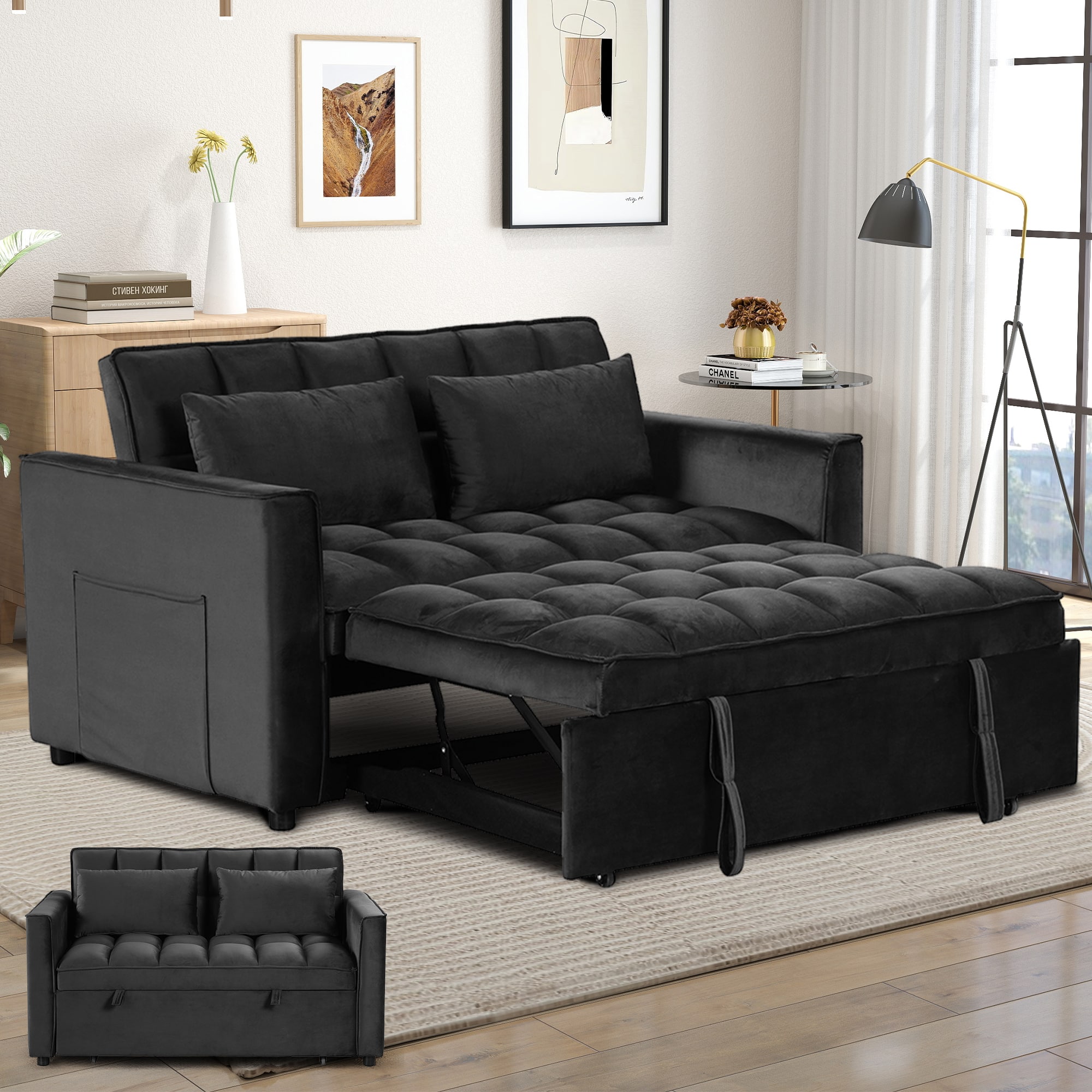 Front. Bestier - Convertible Velvet Sofa Bed 3-in-1 Upholstered Pull Out Sleeper Sofa with 2 Pillows - Black.