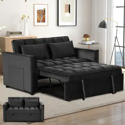 Front. Bestier - Convertible Velvet Sofa Bed 3-in-1 Upholstered Pull Out Sleeper Sofa with 2 Pillows - Black.
