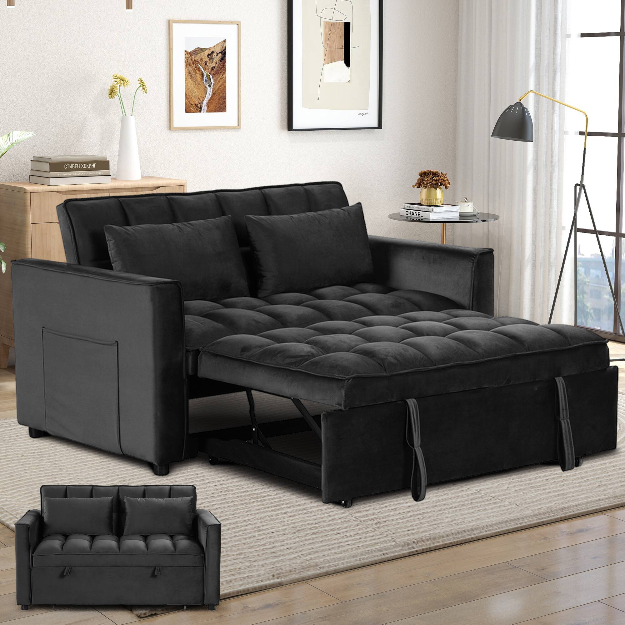 Bestier - Convertible Velvet Sofa Bed 3-in-1 Upholstered Pull Out Sleeper Sofa with 2 Pillows - Black