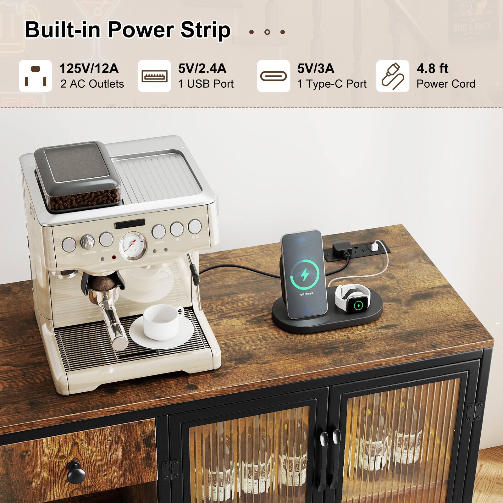 Built-in Power Strip  
125V/12A  
2 AC Outlets  
5V/2.4A  
1 USB Port  
5V/3A  
1 Type-C Port  
4.8 ft Power Cord