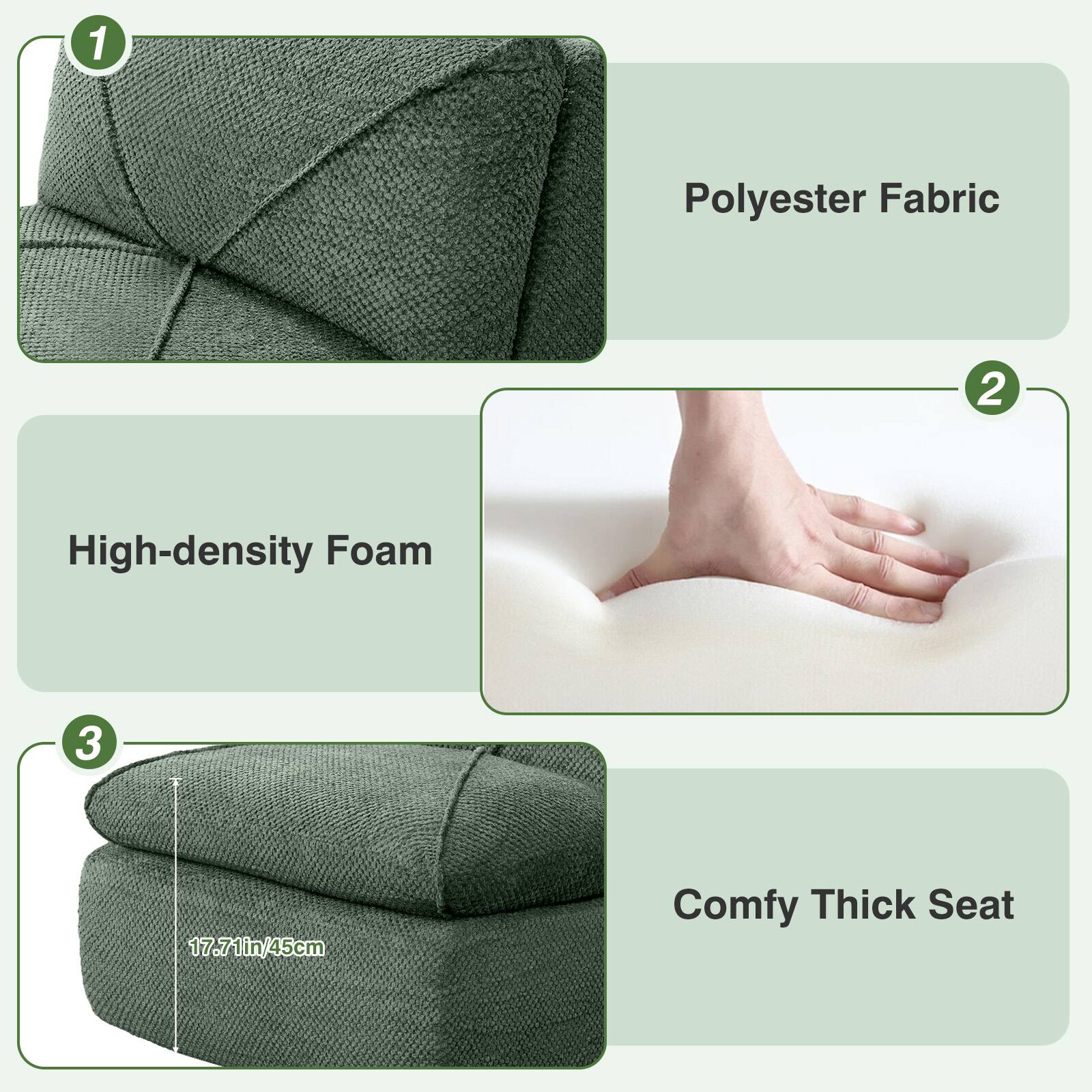 1. Polyester Fabric  
2. High-density Foam  
3. Comfy Thick Seat  
   17.71in/45cm