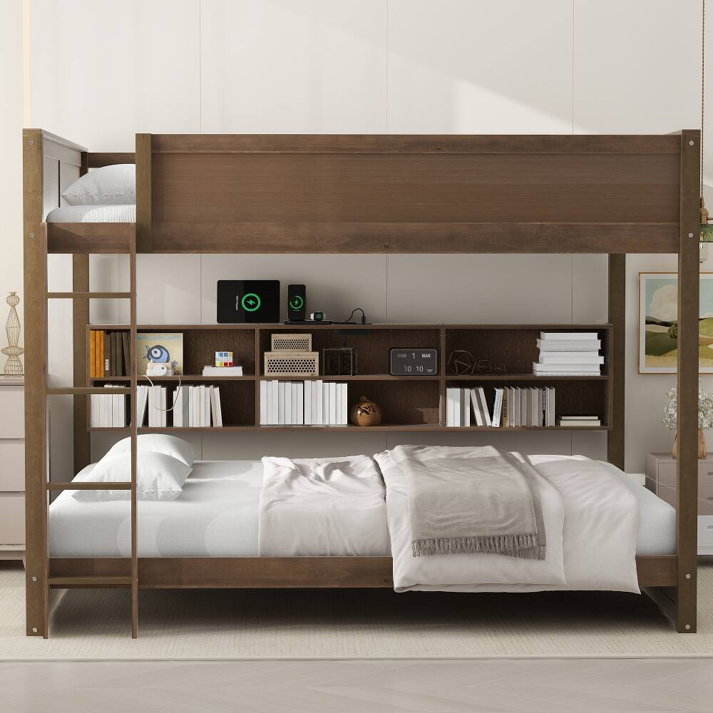 Left. Loheer - Loheer Queen Over Queen Bunk Bed with Storage Cabinets and USB Ports Antique Wood - Antique Wood.