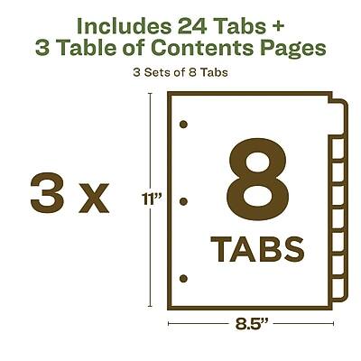 Includes 24 Tabs + 3 Table of Contents Pages  
3 Sets of 8 Tabs  
3 x 11"  
8 Tabs  
8.5"