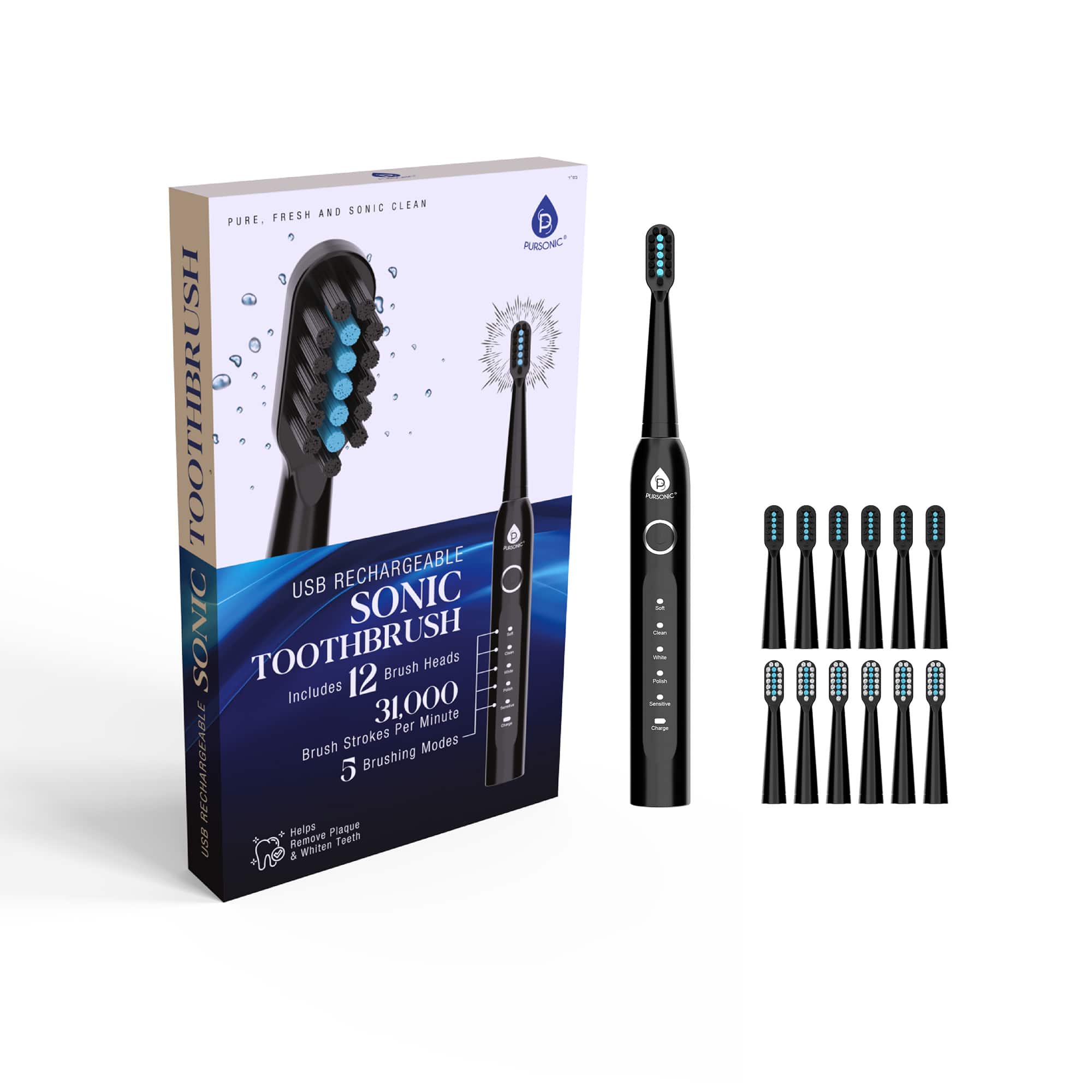Pursonic - USB Rechargeable Electric Toothbrush with 12 Brush Heads - Black