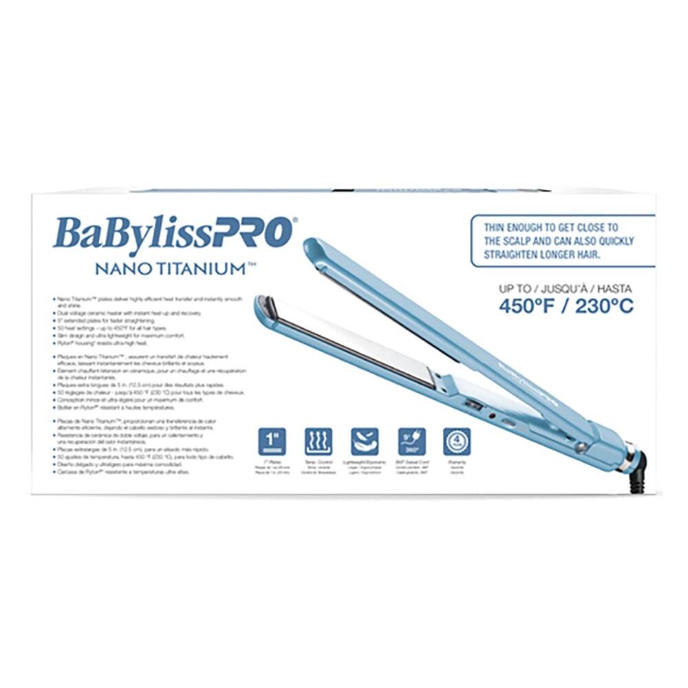 BaBylissPRO NANO TITANIUM  
THIN ENOUGH TO GET CLOSE TO THE SCALP AND CAN ALSO QUICKLY STRAIGHTEN LONGER HAIR.  
UP TO / JUSQU'A / HASTA 450°F / 230°C