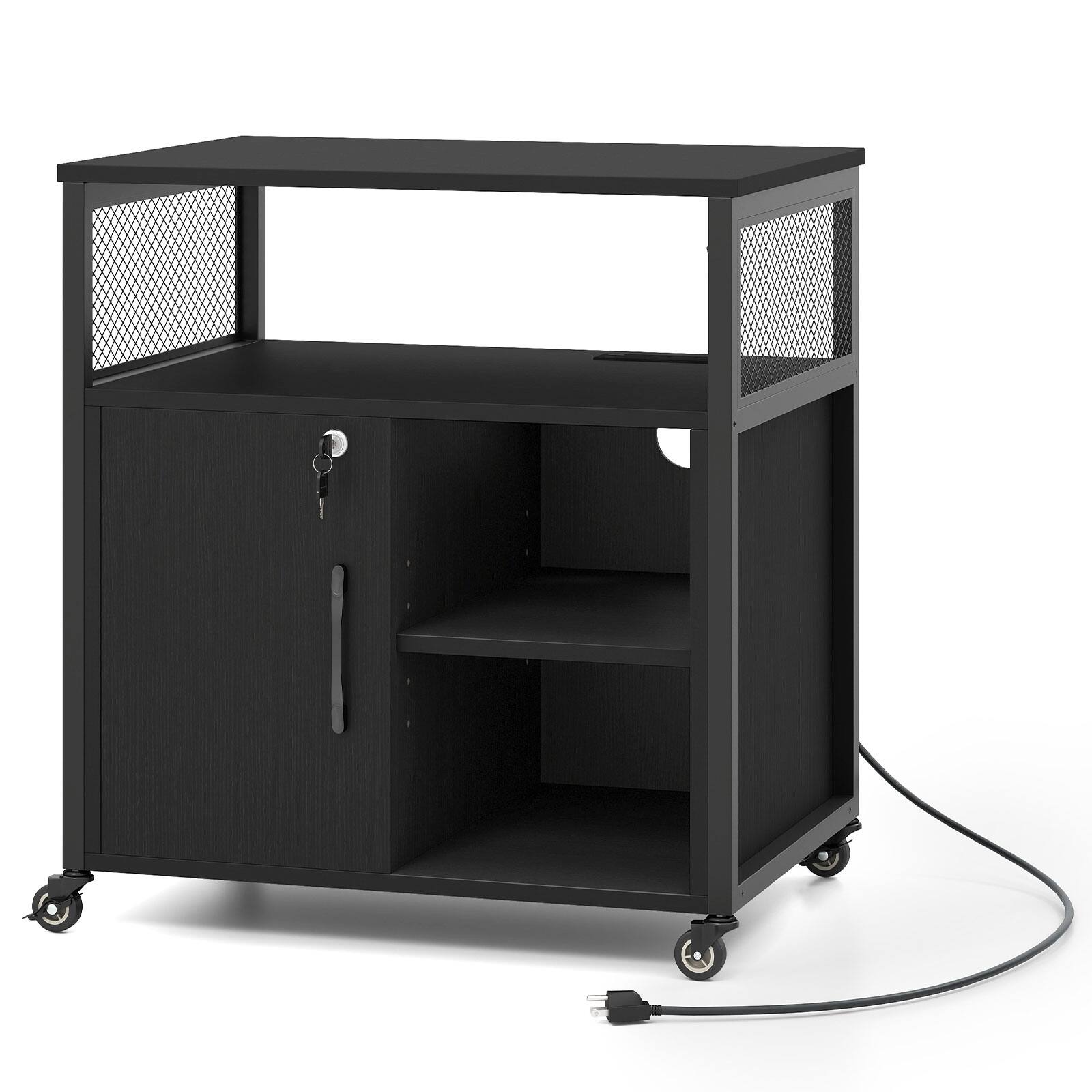Alt View 9. Costway - Costway File Cabinet on Wheels with Charging Station & Cable Management Hole Shelves - Black.