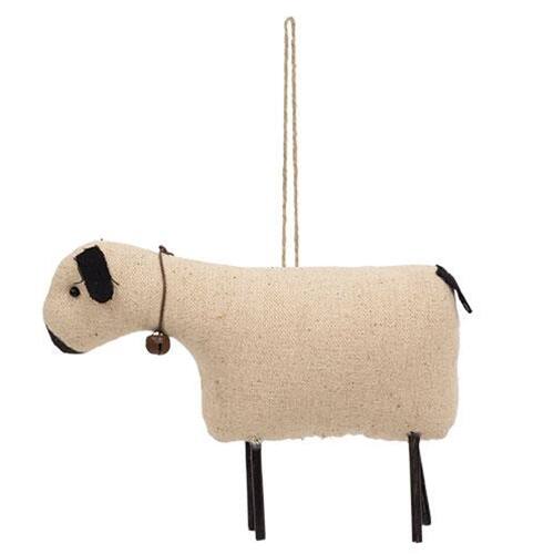 Front. BreeBe - Stuffed Primitive Sheep Ornament - Black, Ivory.