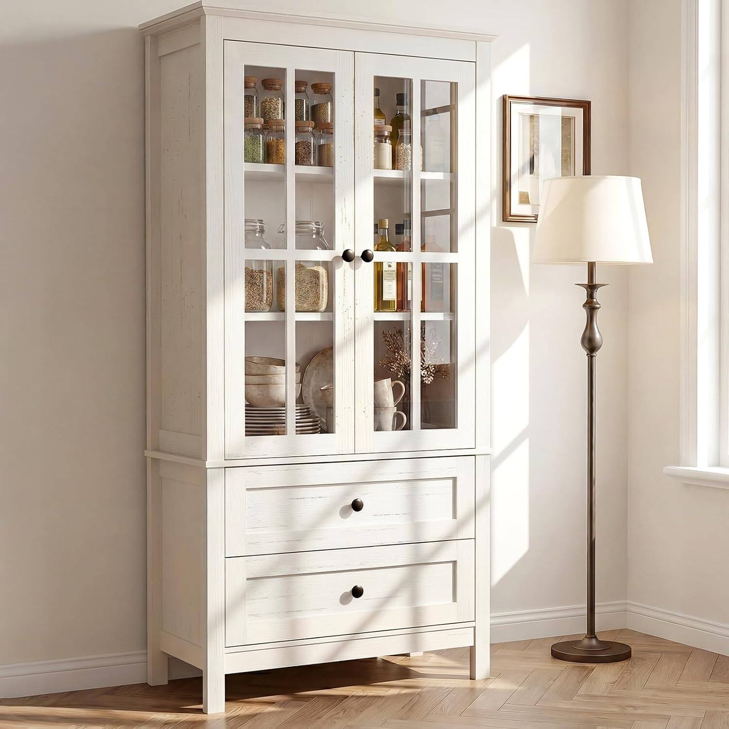 Alt View 1. Aheaplus - 63'' Tall Farmhouse Kitchen Pantry Cabinet with 2 Drawers and Adjustable Shelf - Rustic White.